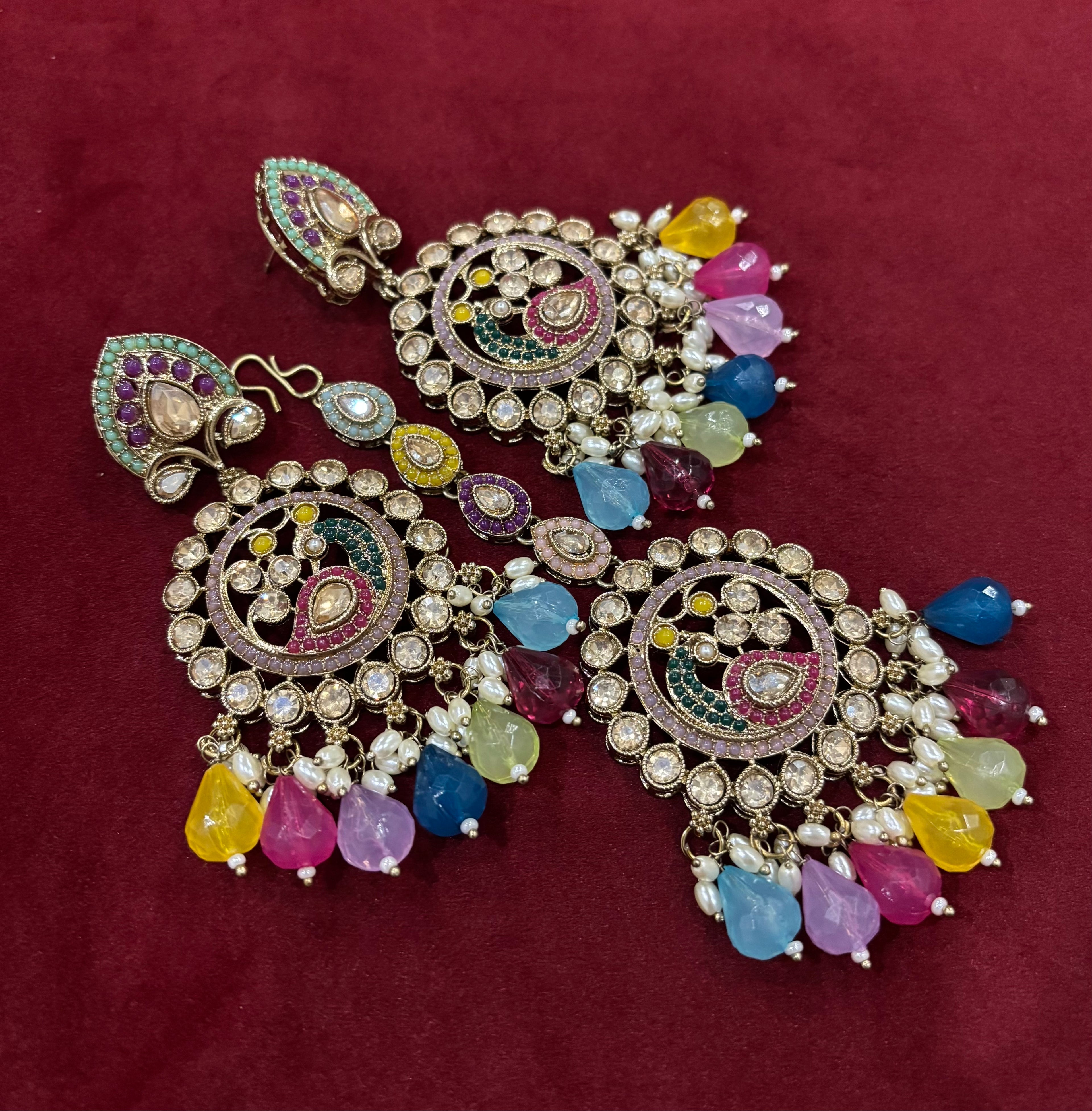 High Quality Designer Multi Peacock Mang Tikka With Earrings