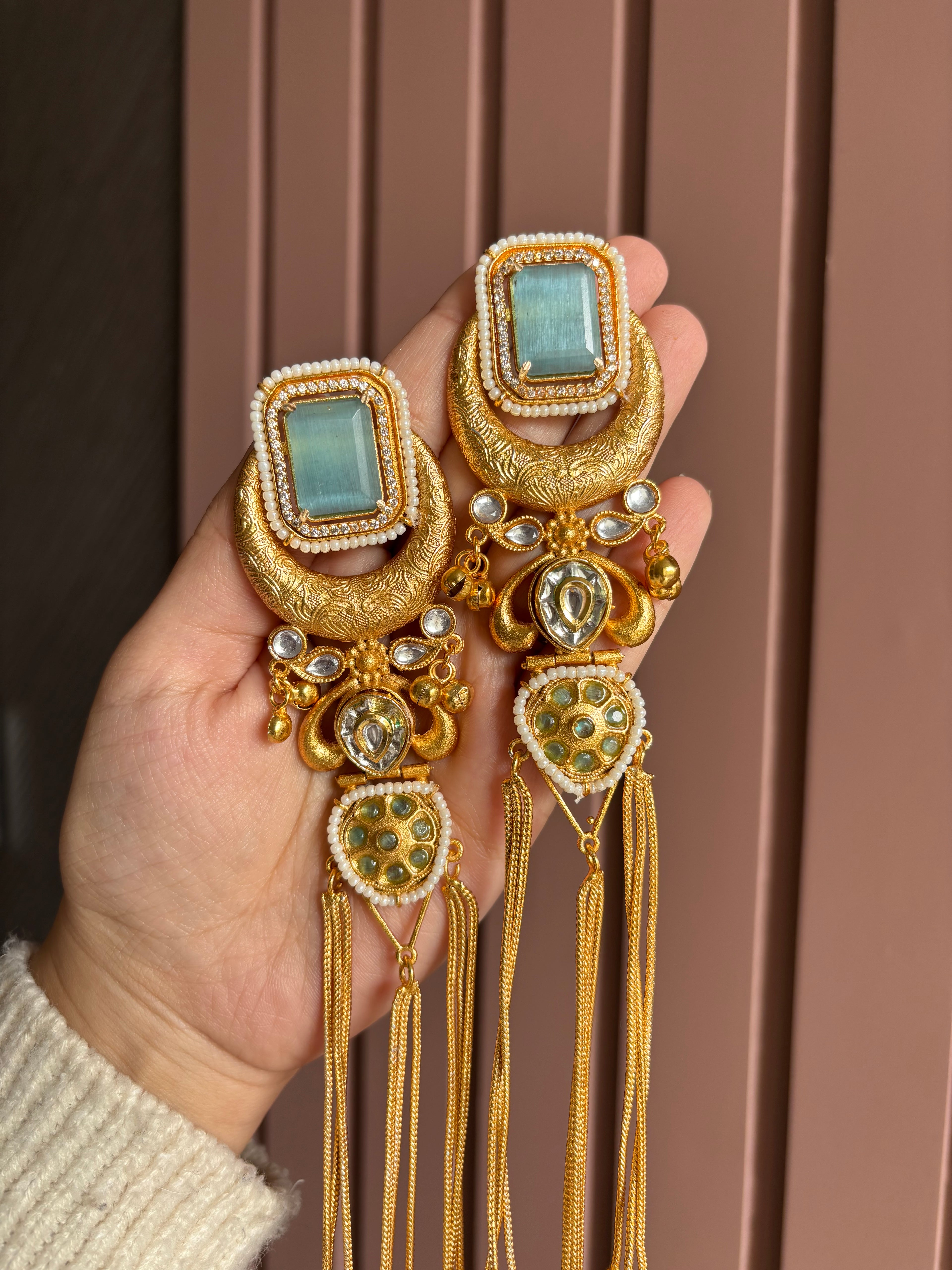 Jasleen Long Turquoise Kashmiri Statement Earrings