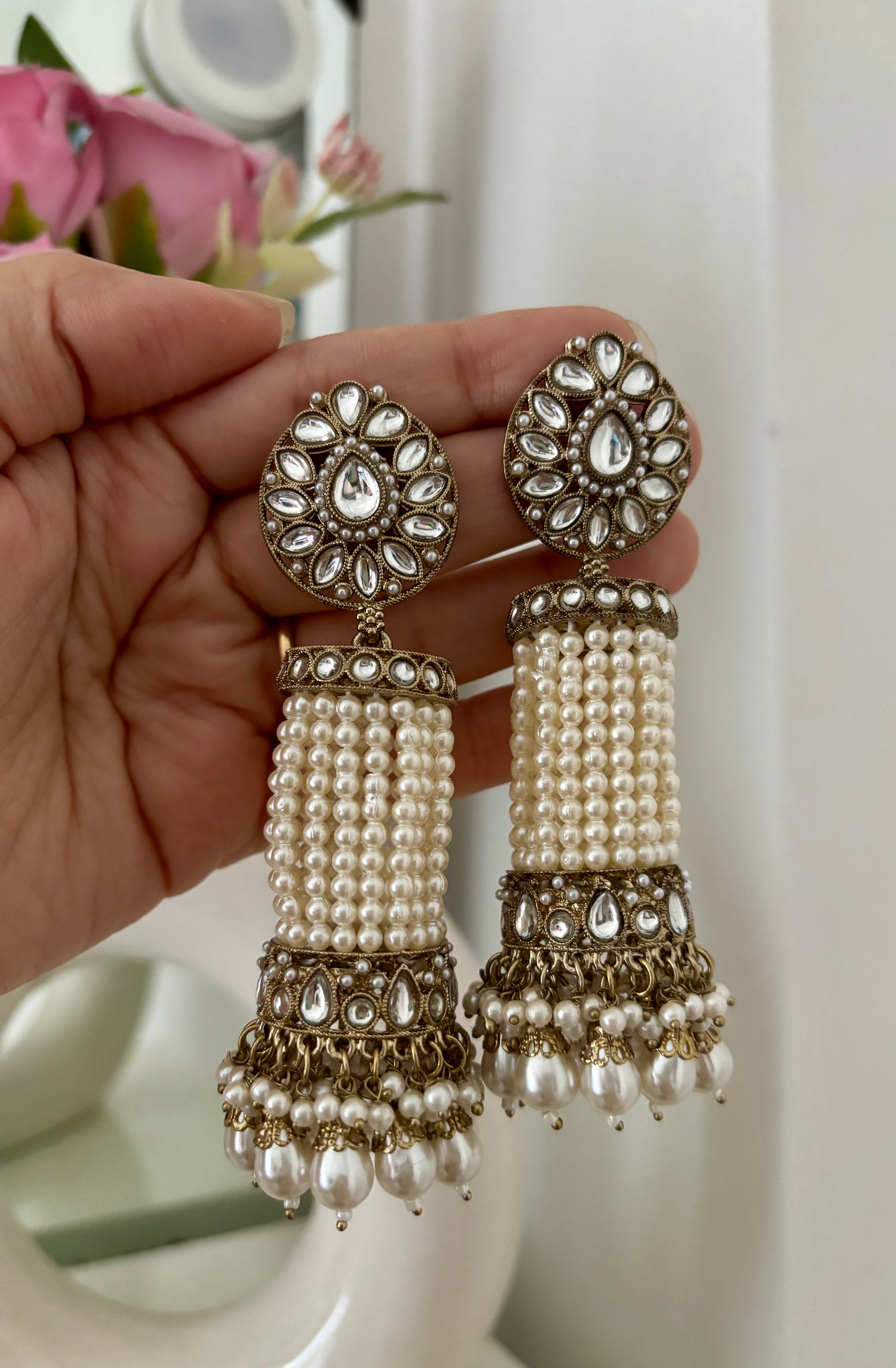 High Quality Designer Kundan & Pearls Touch Almond Jhumkas