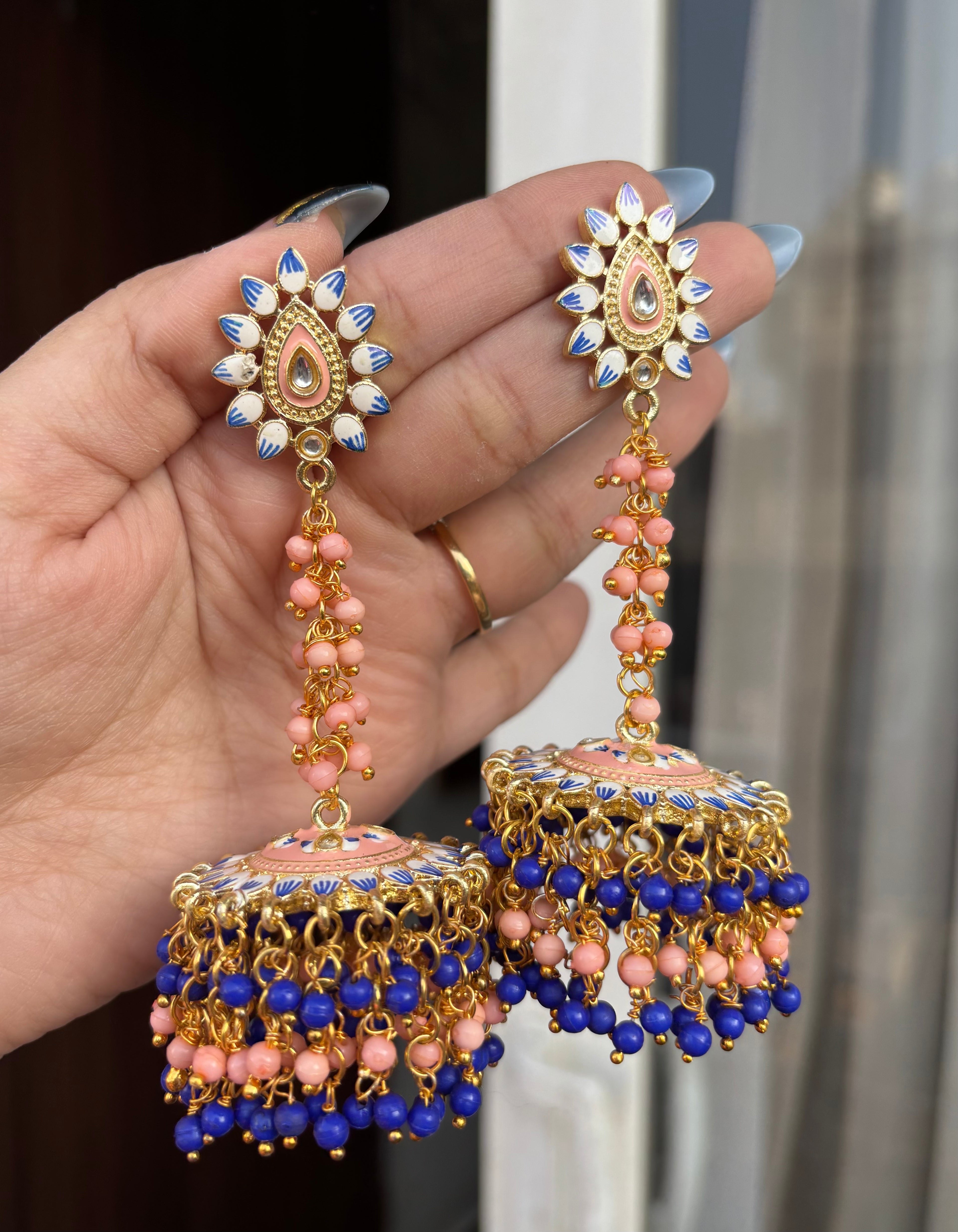 Peach & Blue Meenakari Work Statement Earrings