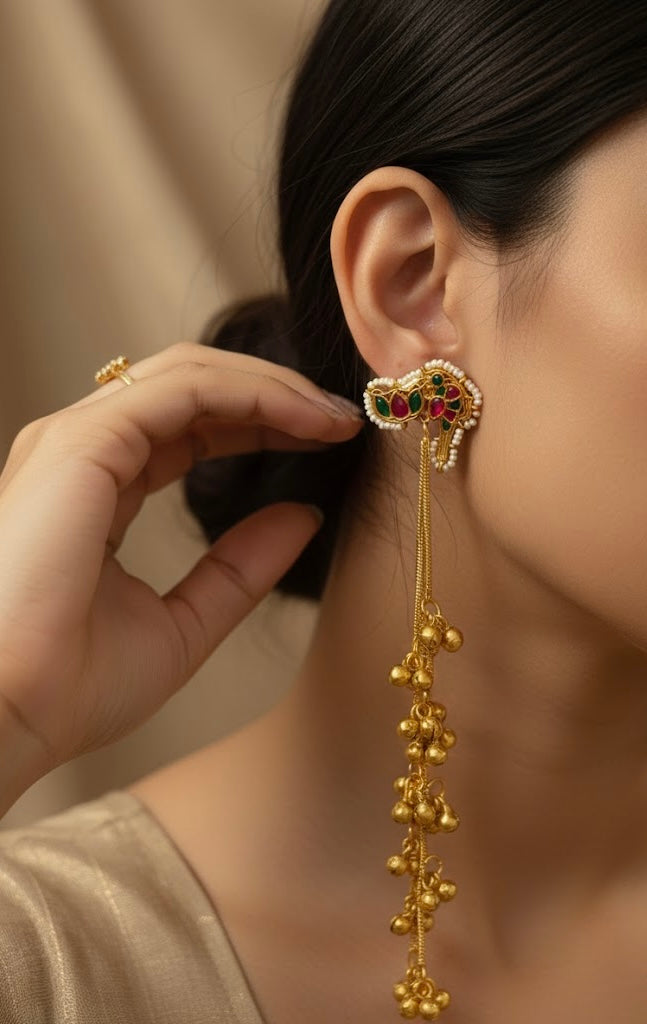 Ruby & Green Mix Bird & Lotus Kashmiri Earrings