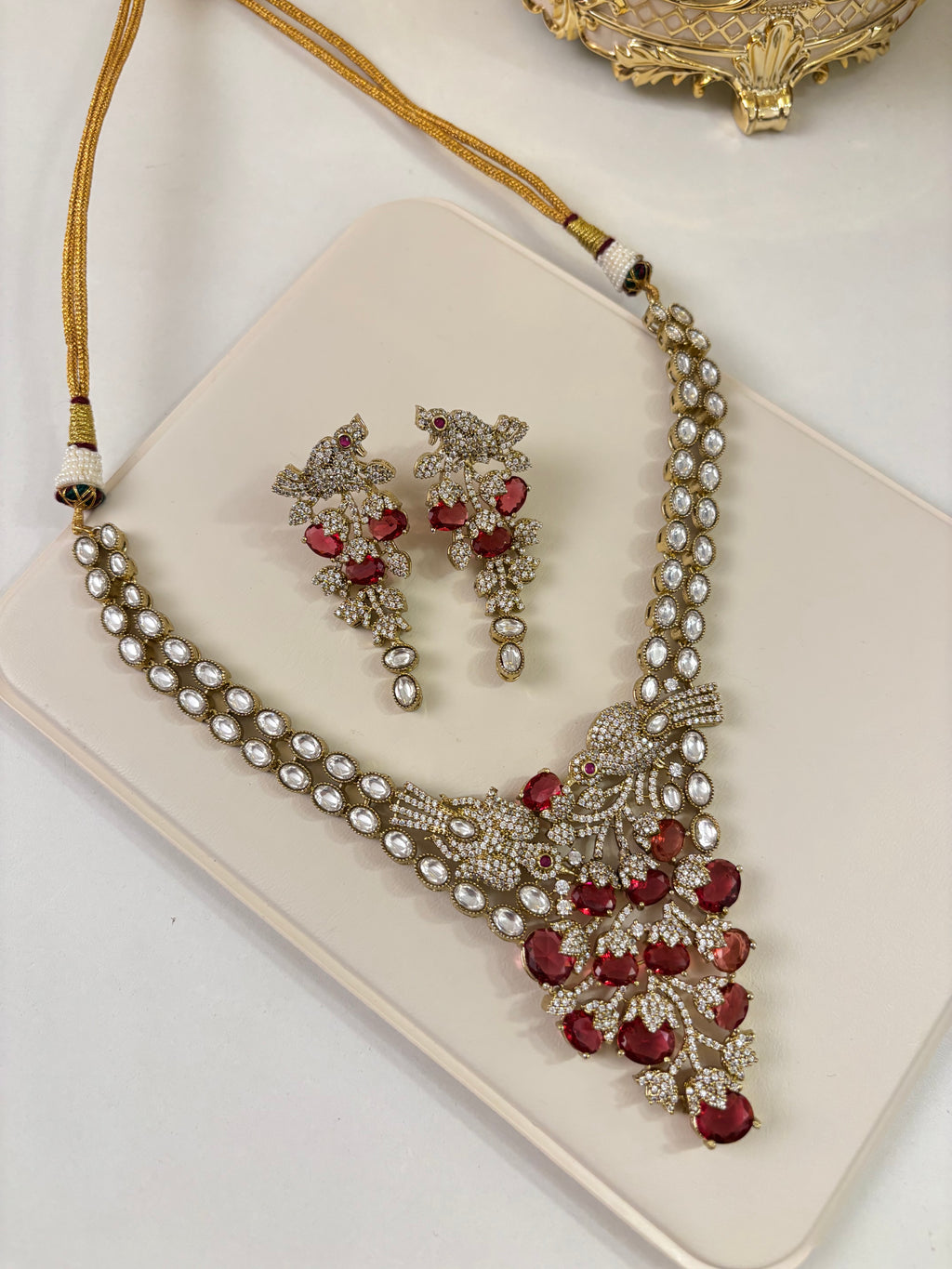 Premium Classy Nature Inspired Ruby Necklace With Earrings ( Moissanite & Doublet Stones Work)