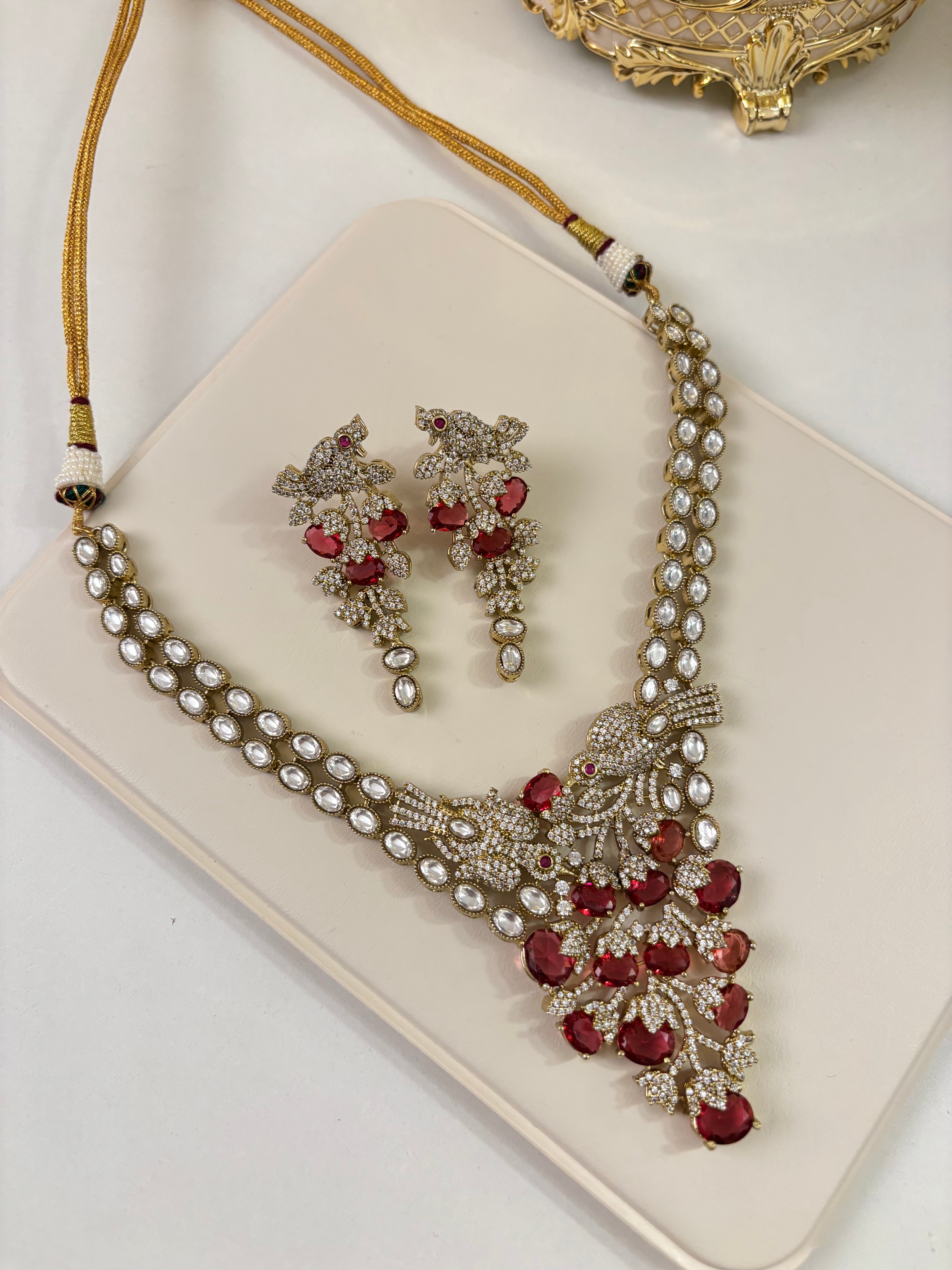 Premium Classy Nature Inspired Ruby Necklace With Earrings ( Moissanite & Doublet Stones Work)