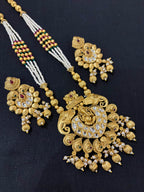 High Quality Designer Ganesha Long Temple Haar With Earrings ( Ruby & Emerald Mix )