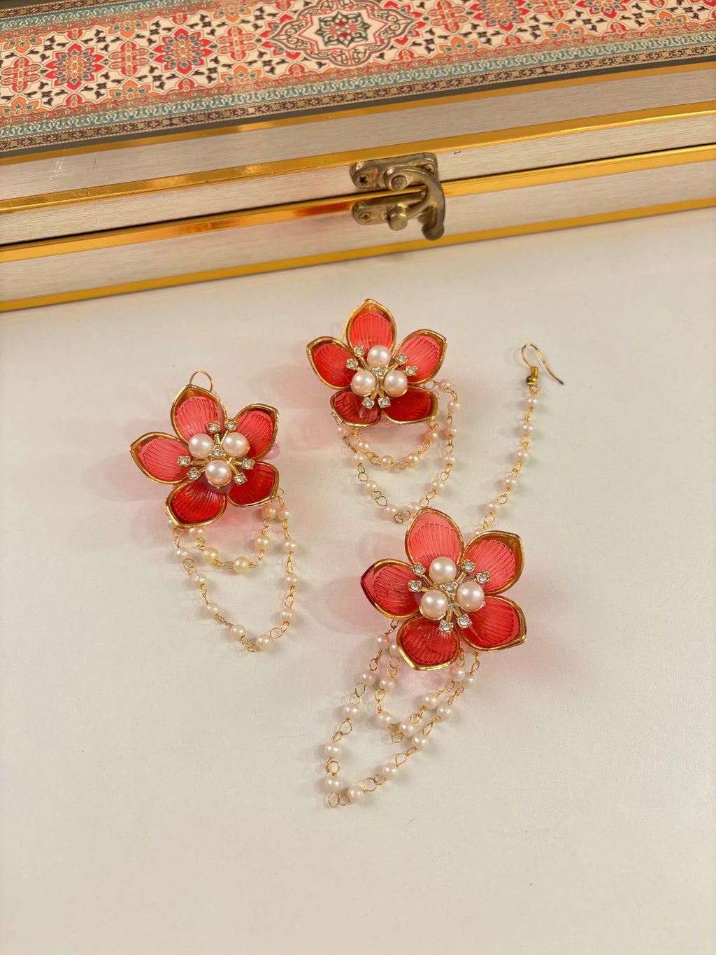 Flower Petal Floral Necklace With Mang Tikka & Earrings (Red)