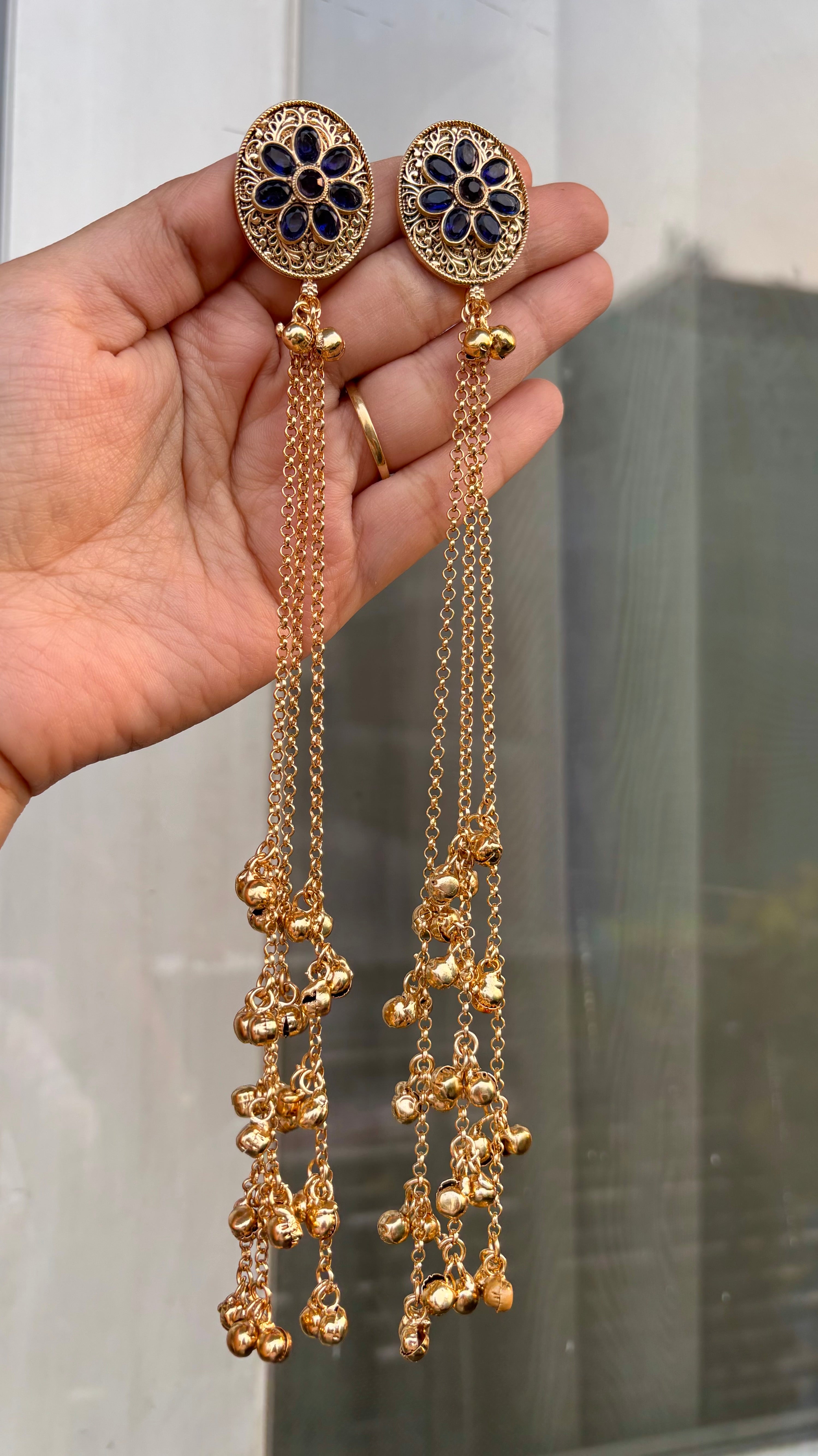 Royal Blue Flower Stud Kashmiri Long Layer Ghungroo Earrings