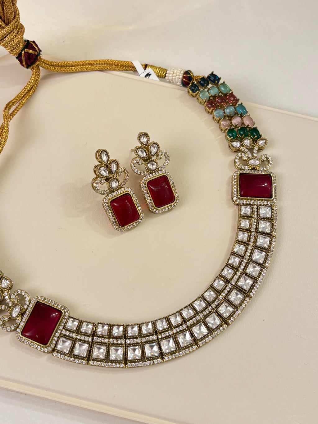 Premium Double Layer Look Like Moissanite & Doublet Stones Work Necklace With Earrings (Multi)
