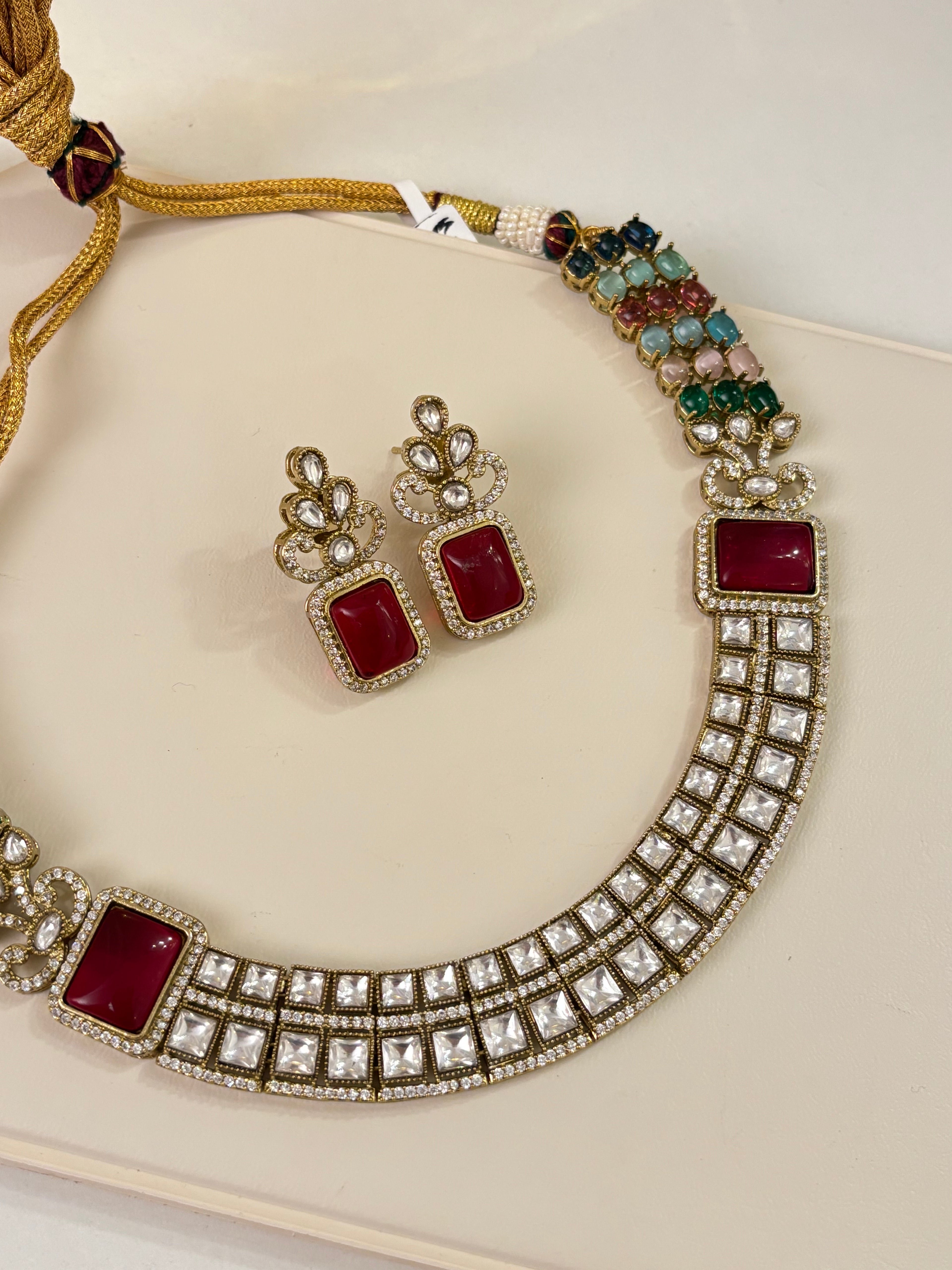 Premium Double Layer Look Like Moissanite & Doublet Stones Work Necklace With Earrings (Multi)