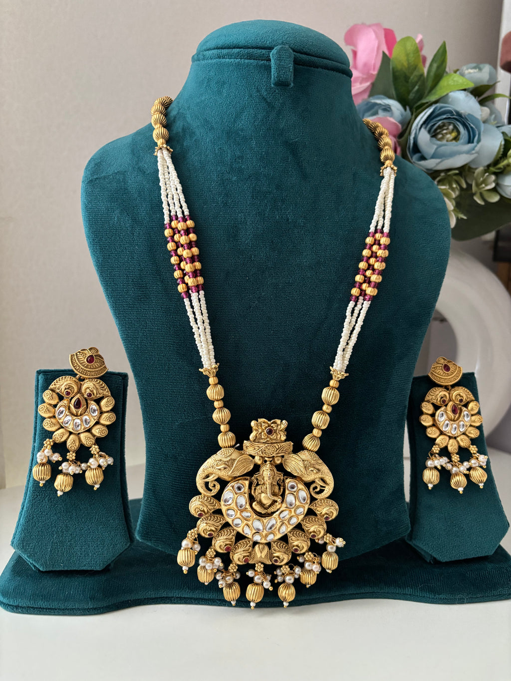 Heritage Long Ganesha Haar With Earrings (Ruby)