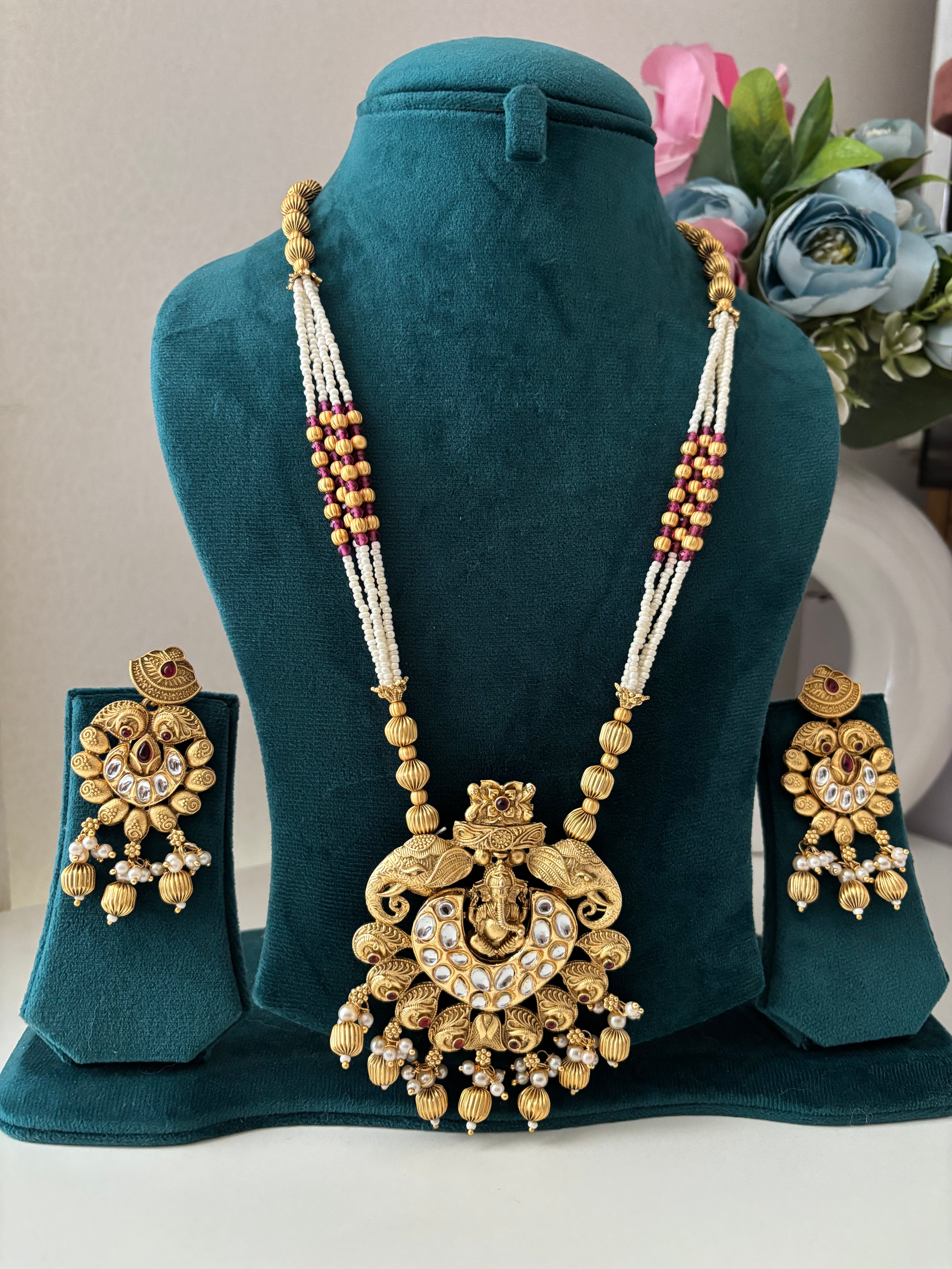 Heritage Long Ganesha Haar With Earrings (Ruby)