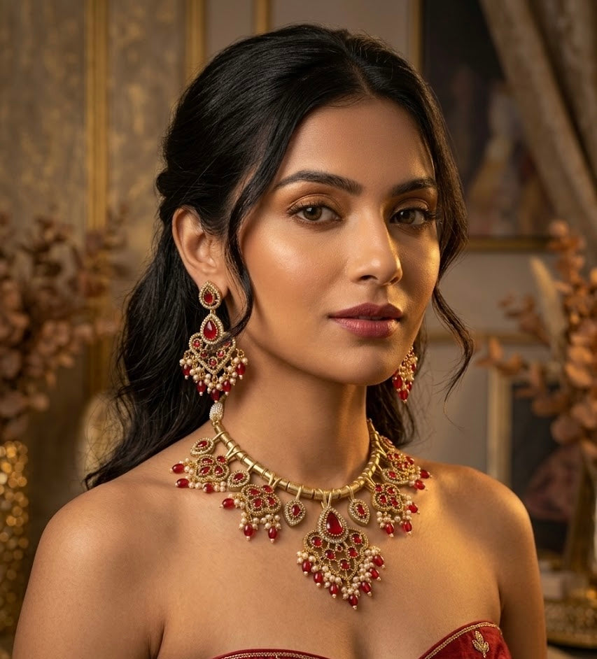 Prableen Premium Necklace With Earrings ( Ruby )