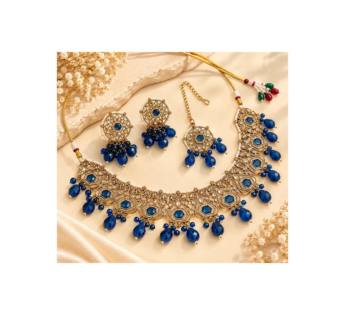 Navy Blue Necklace With Mang Tikka With Jhumkas