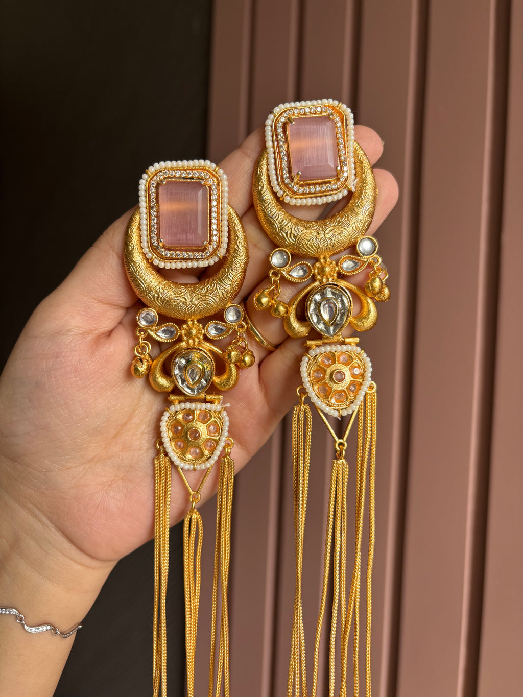Jasleen Long Pink Kashmiri Statement Earrings