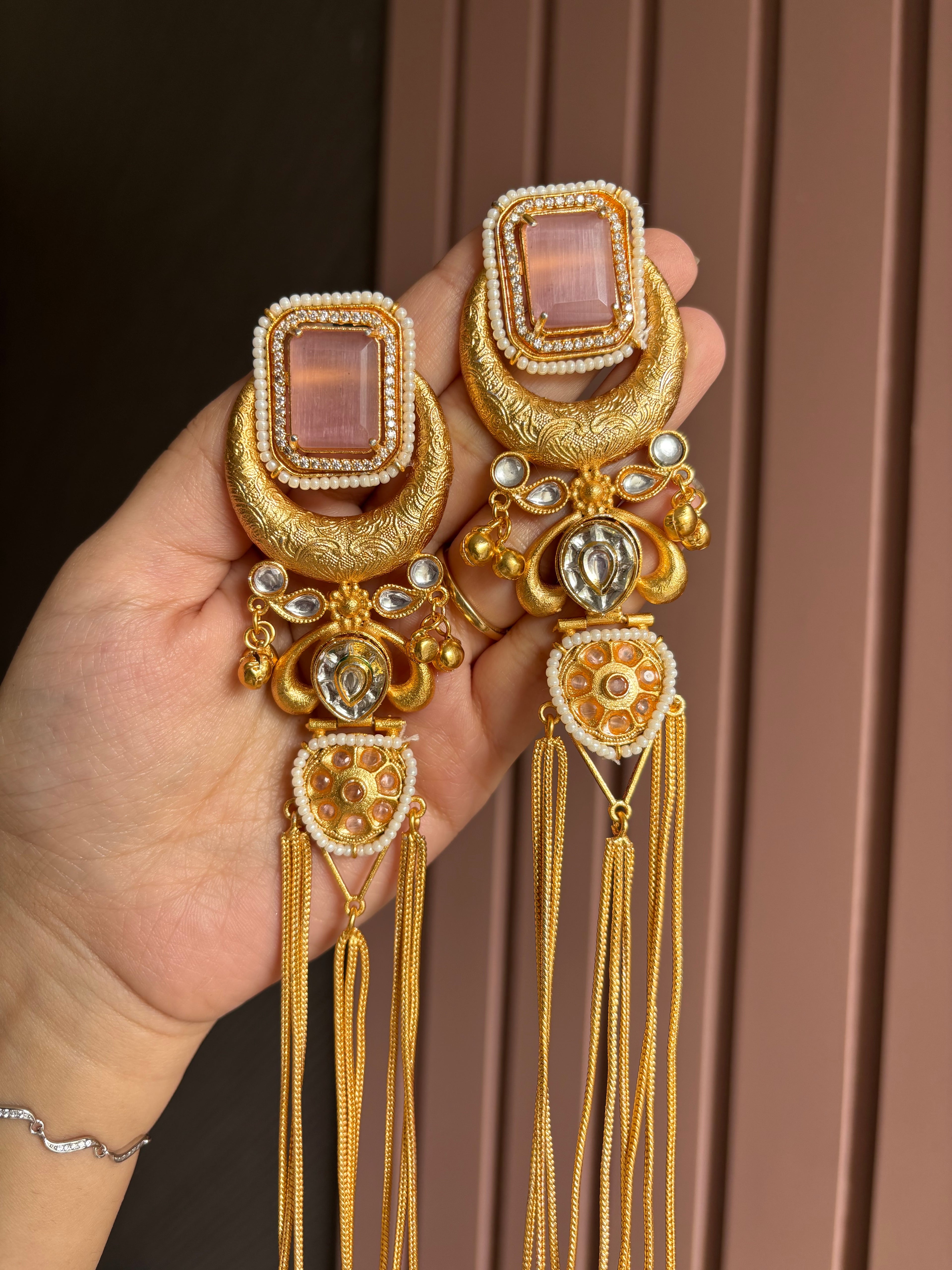 Jasleen Long Pink Kashmiri Statement Earrings