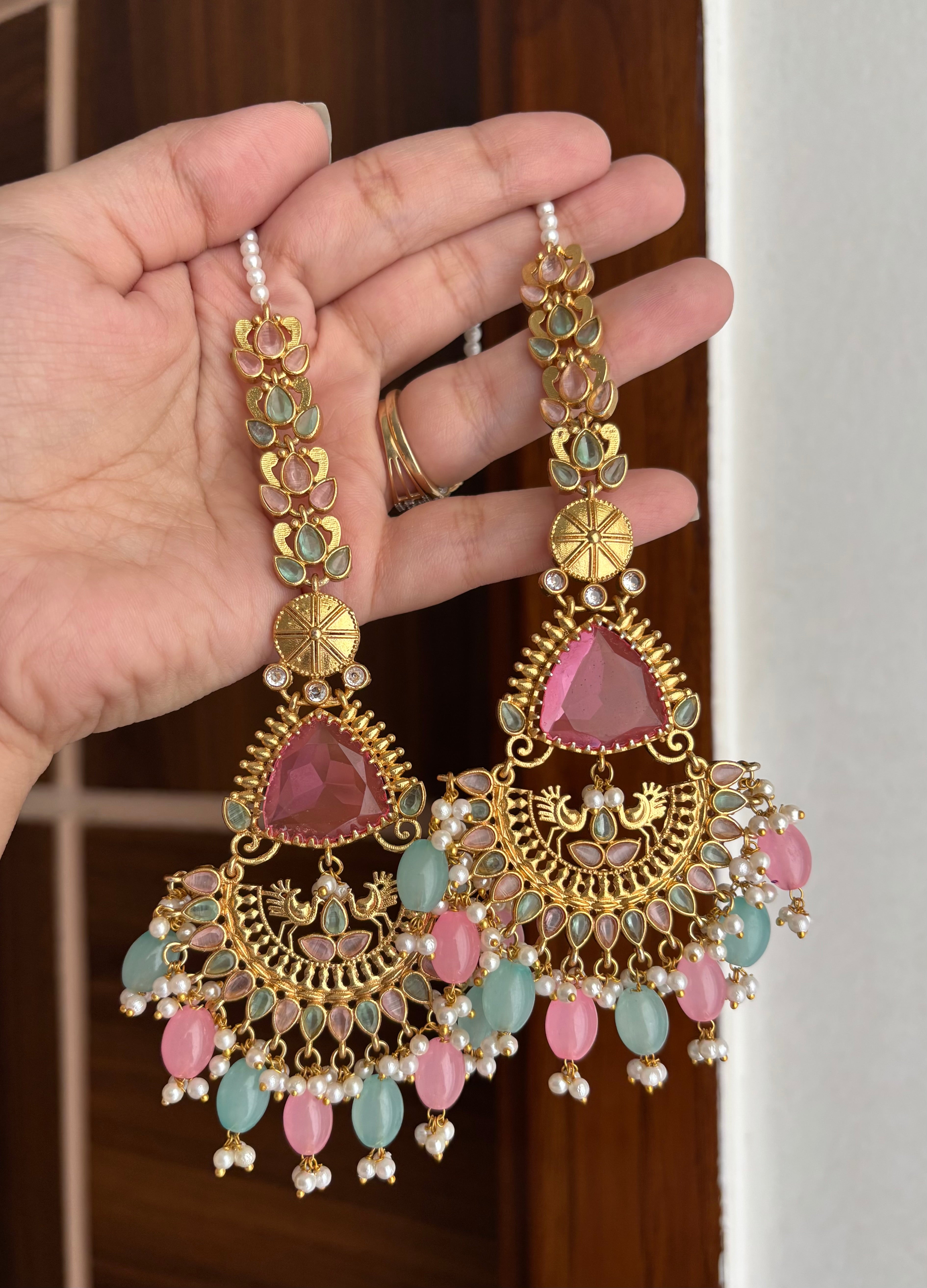 Safeena Statement Earrings With Ear Sahara (Pink & Blue)
