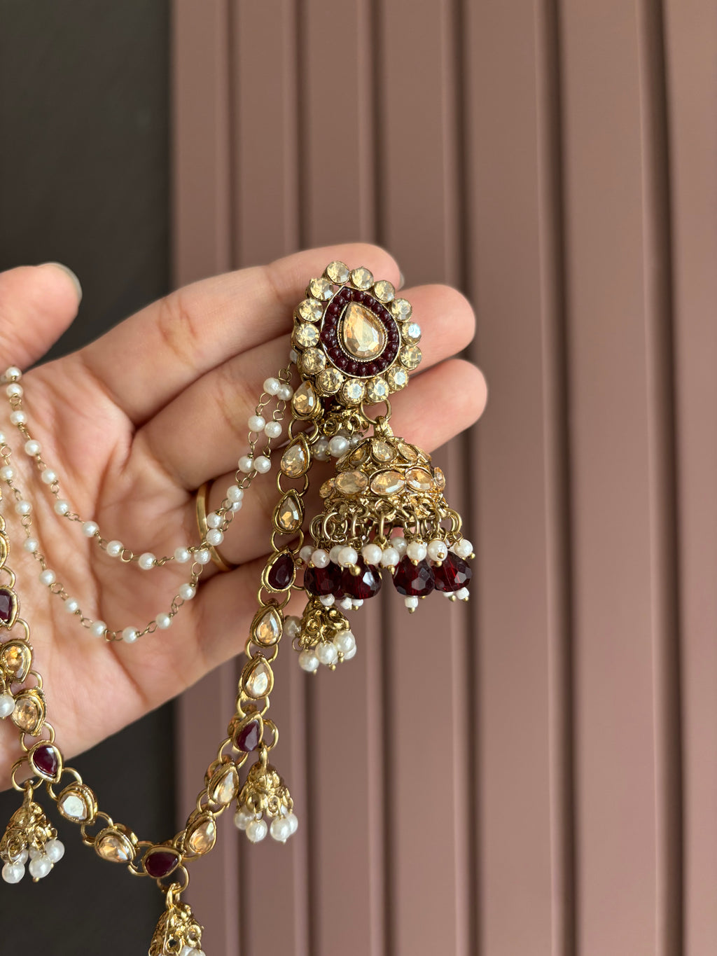 Maroon Jhumki With Detachable Earchain