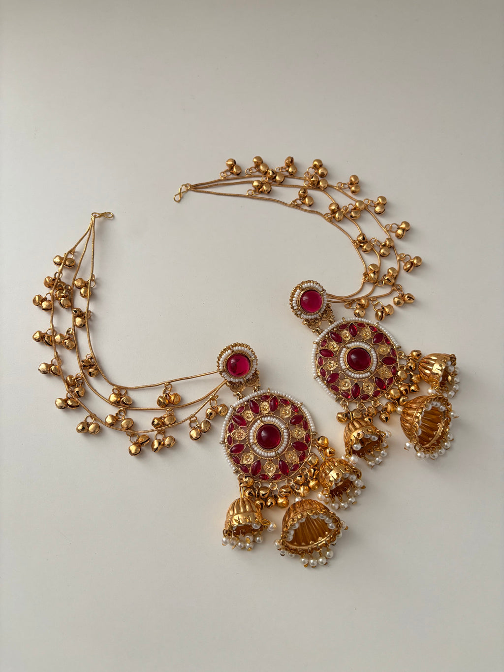 Ritika Round Kashmiri Jhumkas With Detachable Earchain (Ruby)