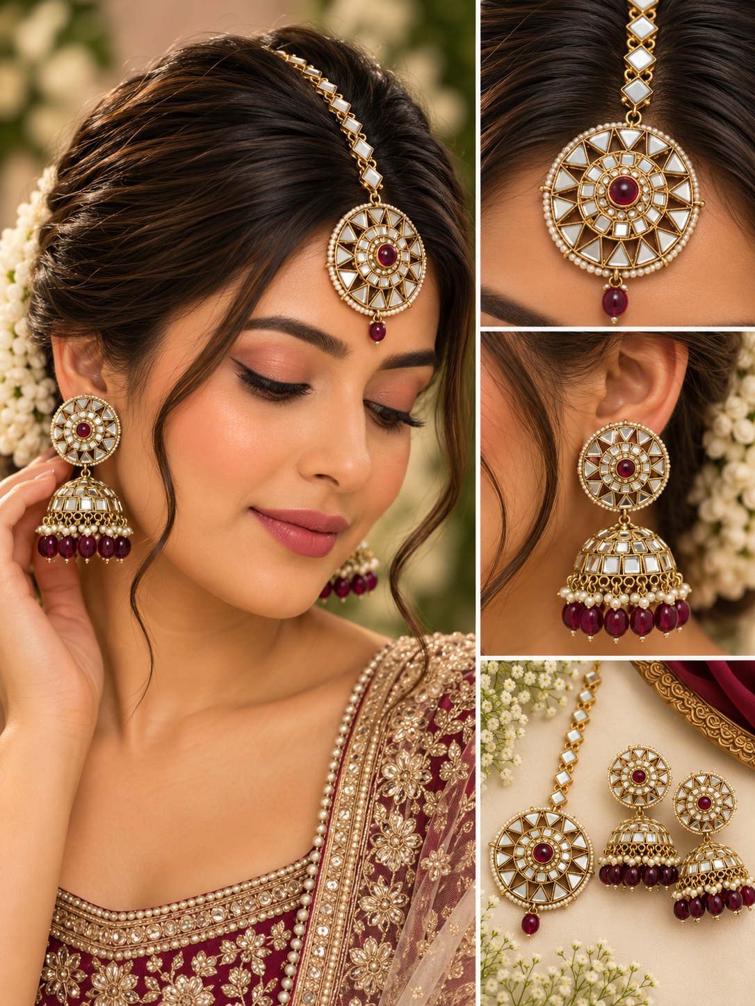 Full Mirror Work Mang Tikka With Jhumkas (Wine)