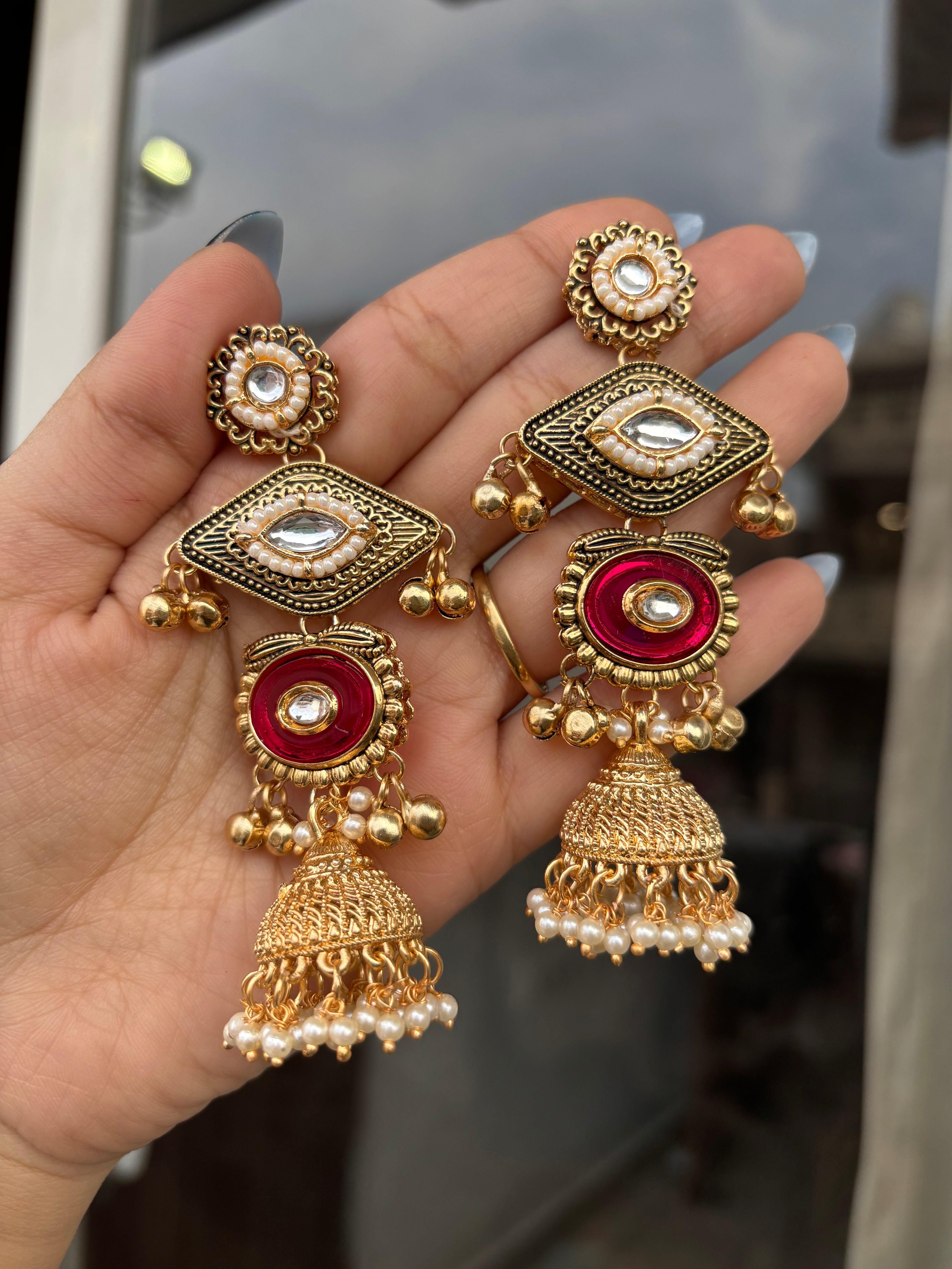 Tri Dark Pink Kashmiri Earrings