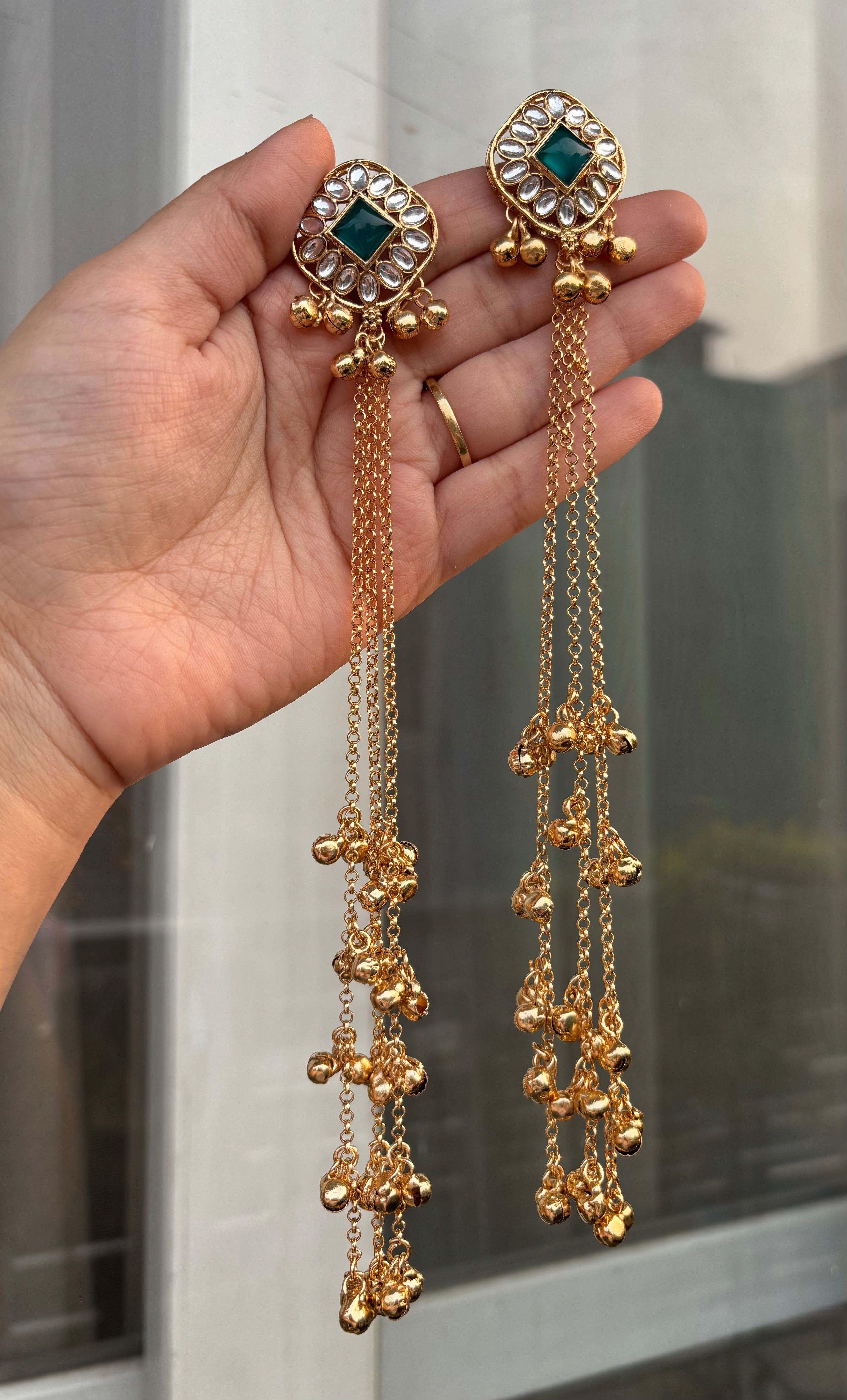 Rama Green Stud Kashmiri Long Layer Ghungroo Earrings