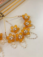 Flower Petal Floral Necklace With Mang Tikka & Earrings (Yellow)