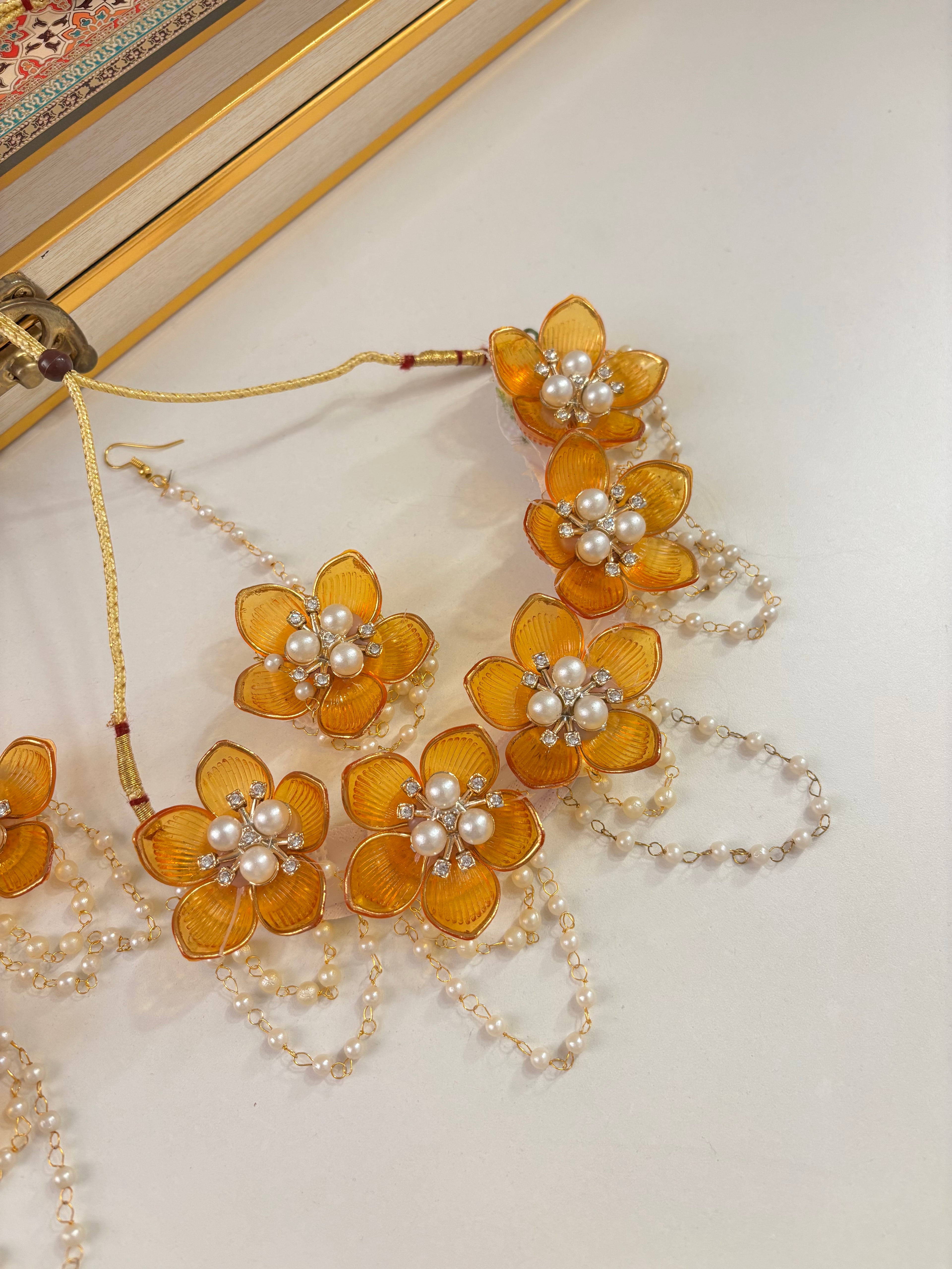 Flower Petal Floral Necklace With Mang Tikka & Earrings (Yellow)