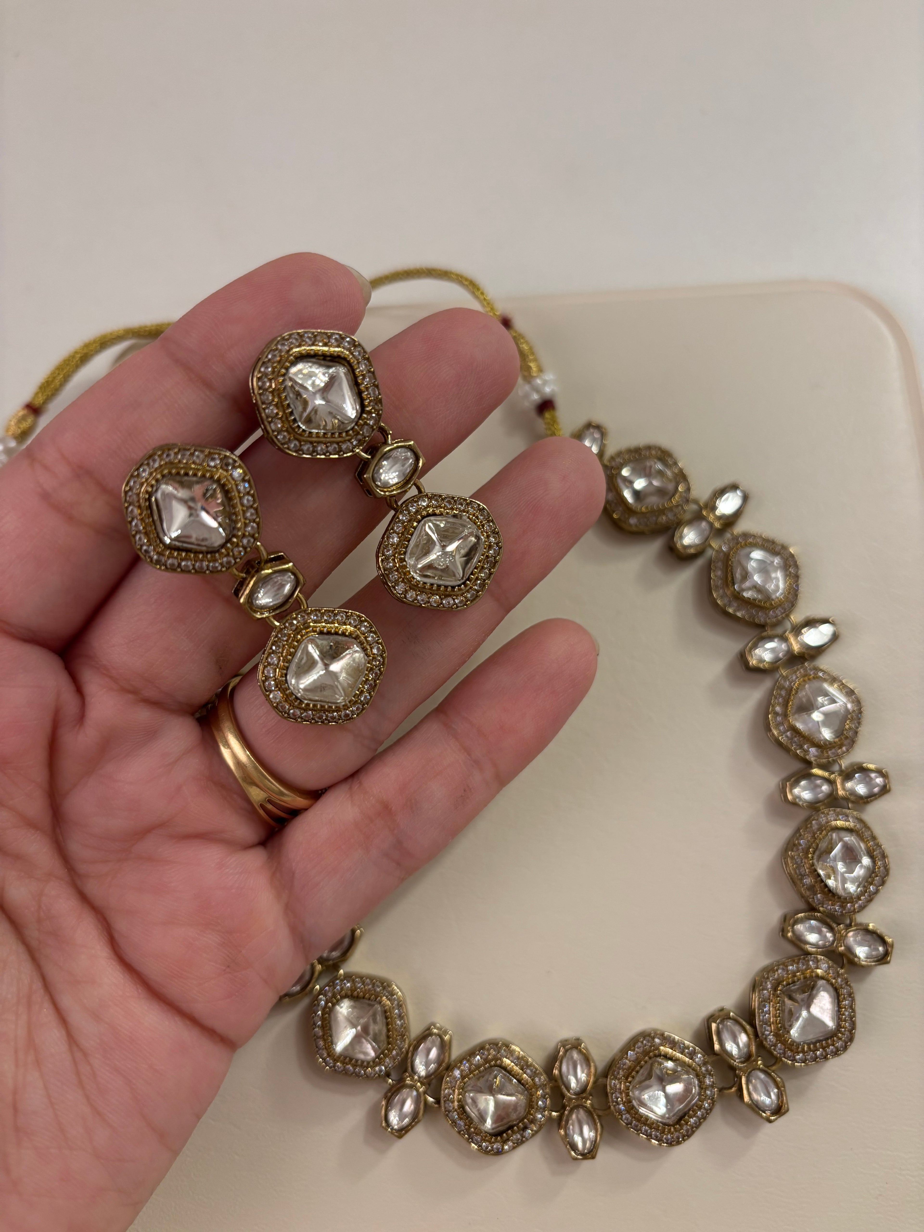 Premium Sleek Moissanite & Doublet Stones Work Necklace With Double Drop Earrings
