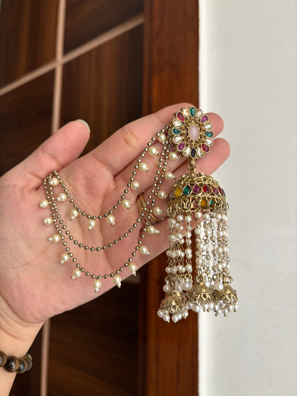 High Quality Designer Multi Jhumkas With Detachable Earchain