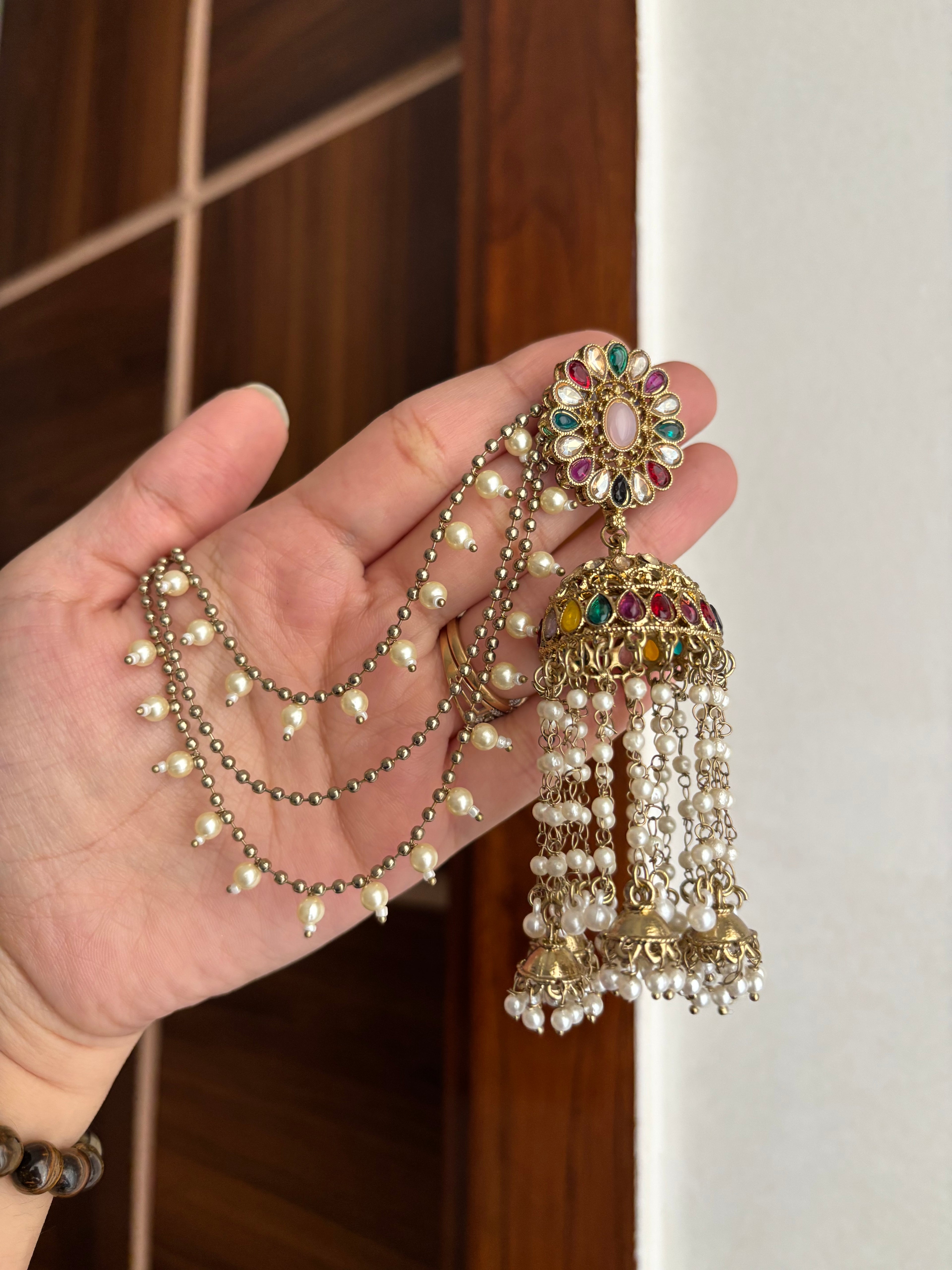 High Quality Designer Multi Jhumkas With Detachable Earchain