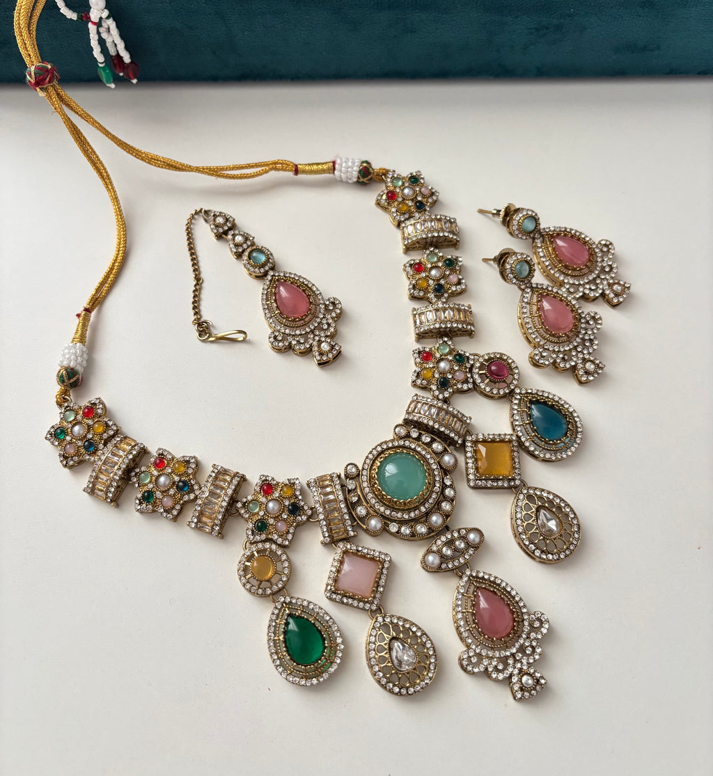 Premium Turkish Necklace With Mang Tikka & Earrings (Pastel Shade Mix)