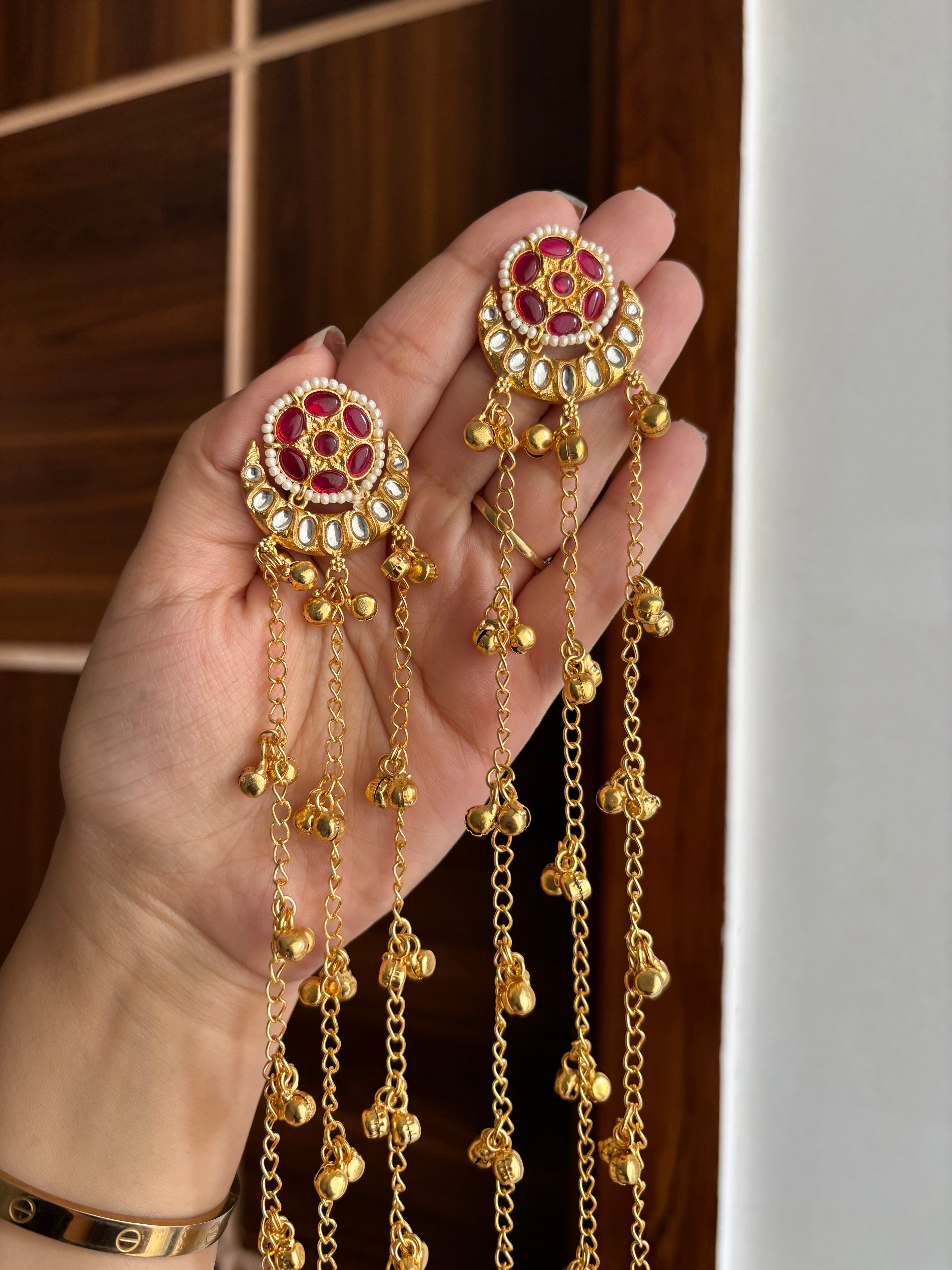 Maroon Flower Long Layer Ghungroo Earrings