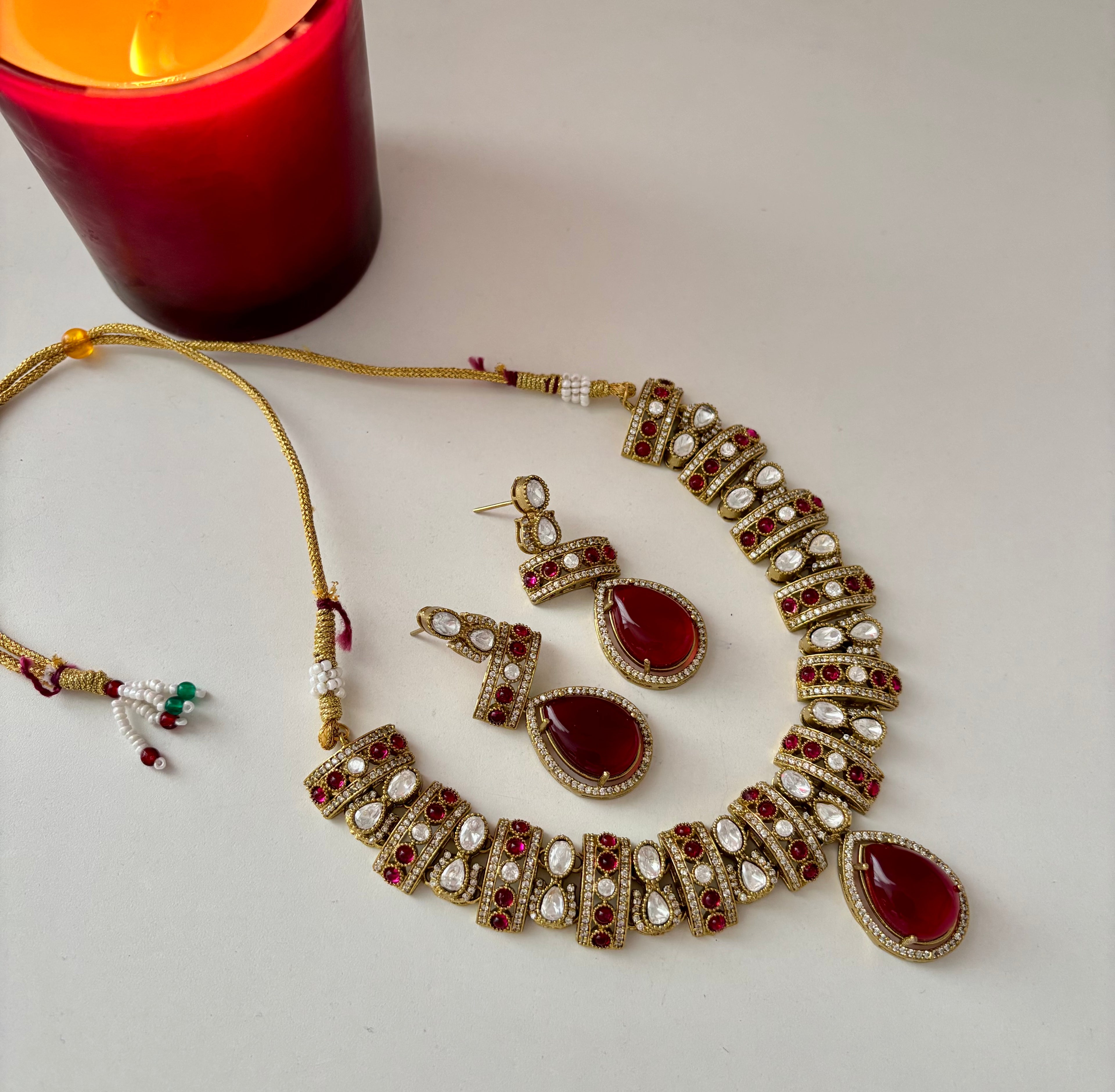 Premium Ruby Moissanite Stone Necklace With Designer Earrings
