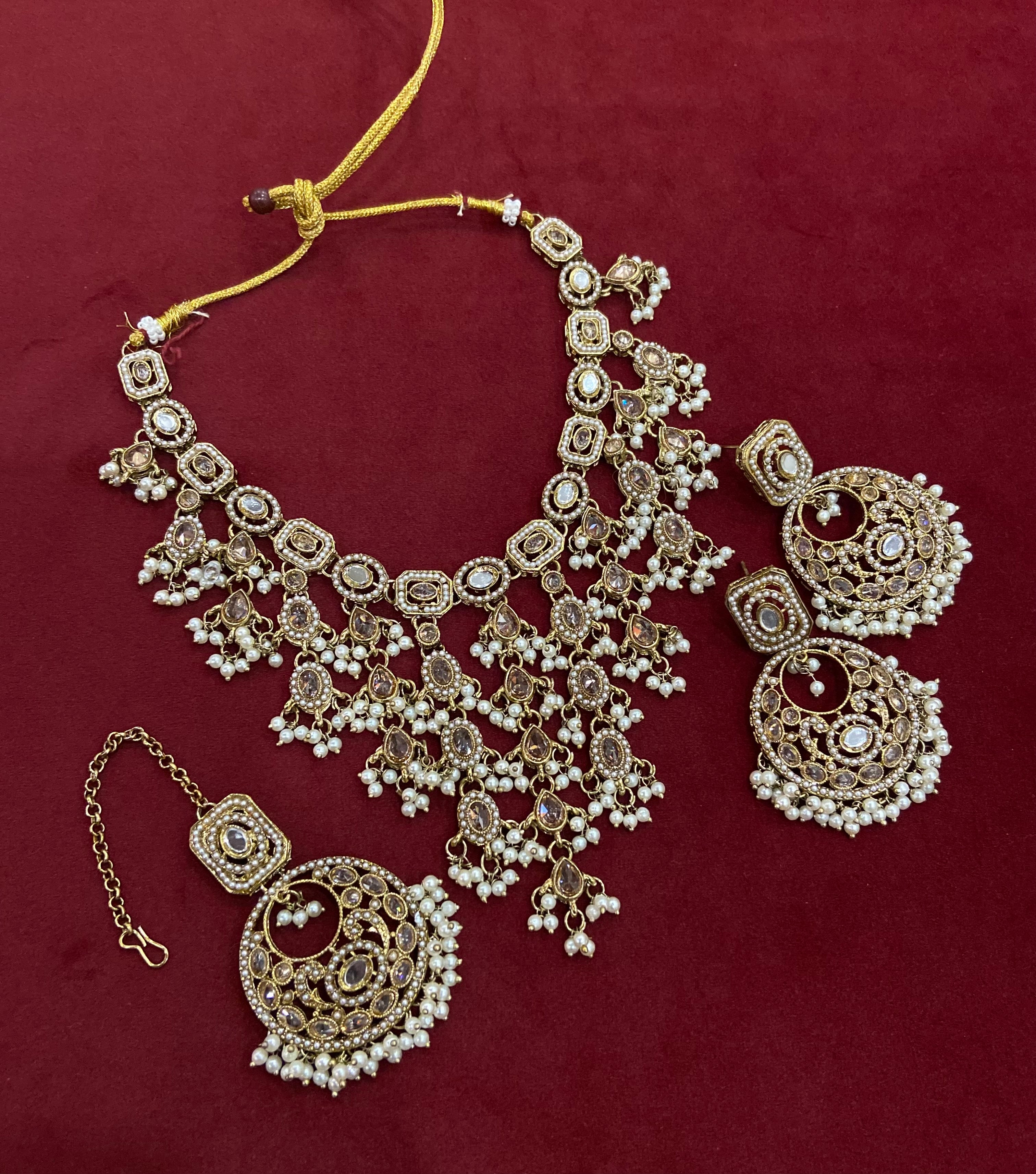 High Quality Designer Golden Pakistani Style Layer Necklace With Mang Tikka & Chandbali Earrings