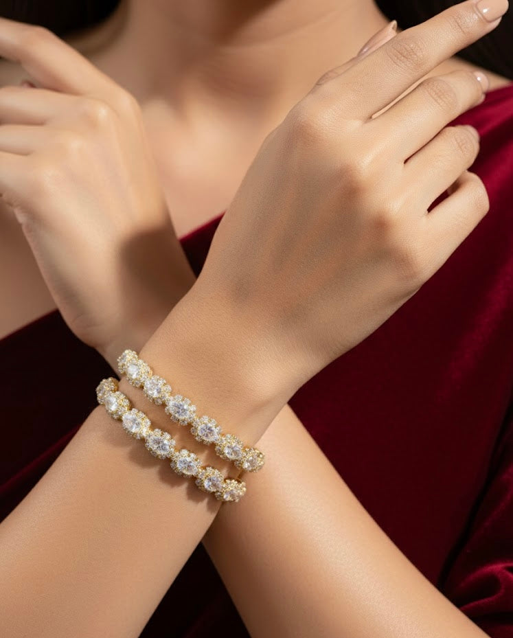White Stones Flower Bangles In Golden Touch