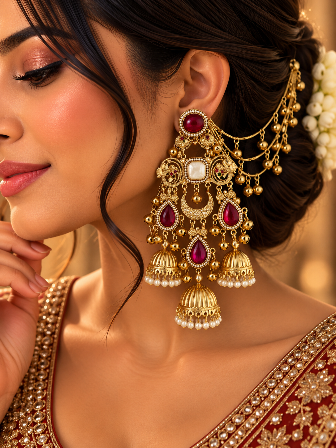Vamika Long Kashmiri Earrings With Detachable Earchain (Maroon)