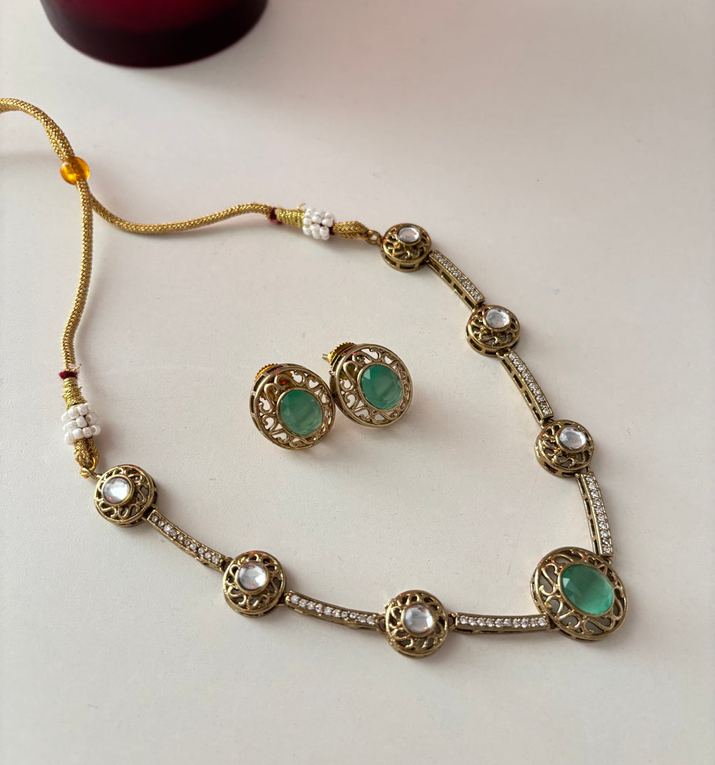 Premium Doublet & Polki Work Necklace With Studs (Turquoise)