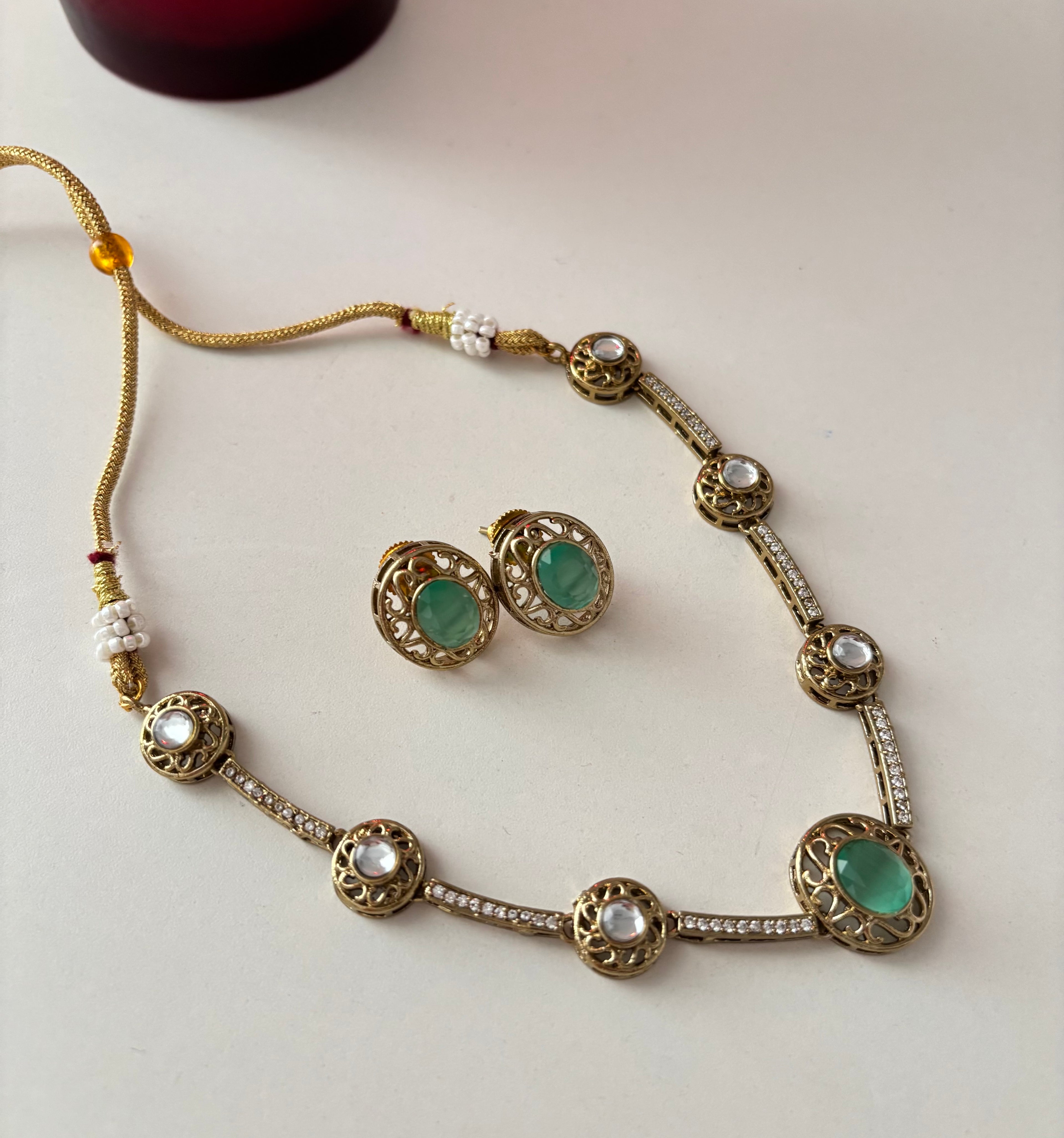 Premium Doublet & Polki Work Necklace With Studs (Turquoise)