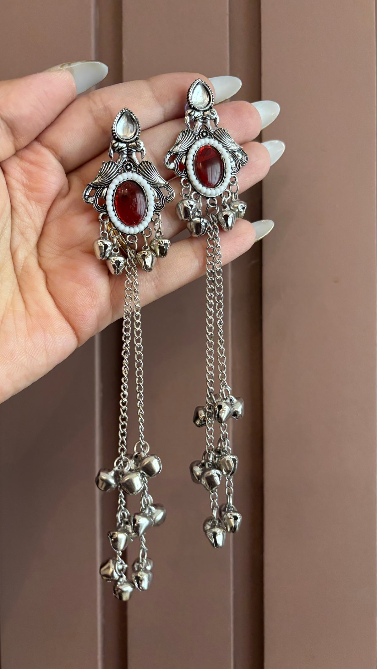 Oval Silver Ghungroo Earrings (Maroon)