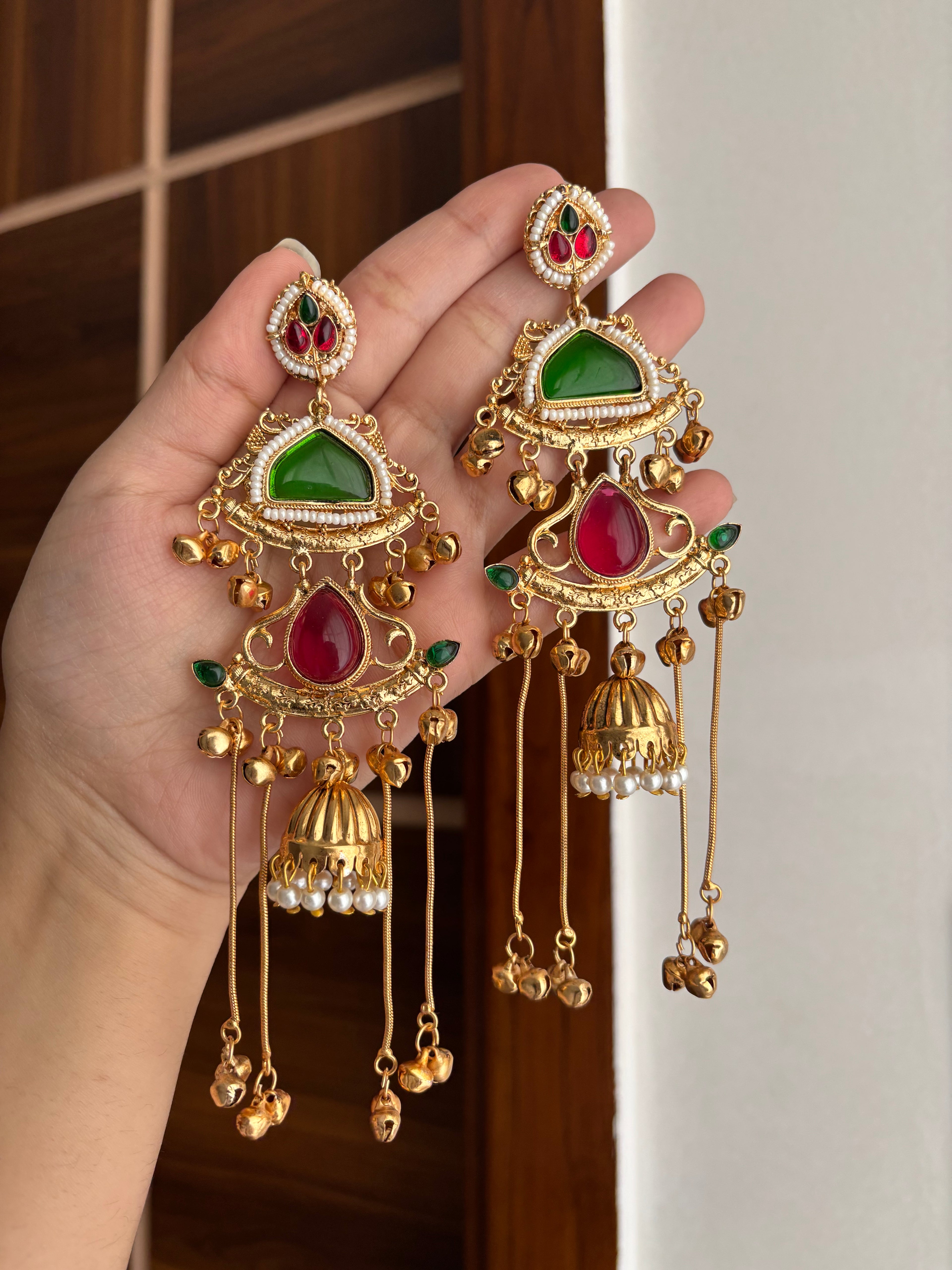 Kashmiri Long Earrings (Ruby & Green)