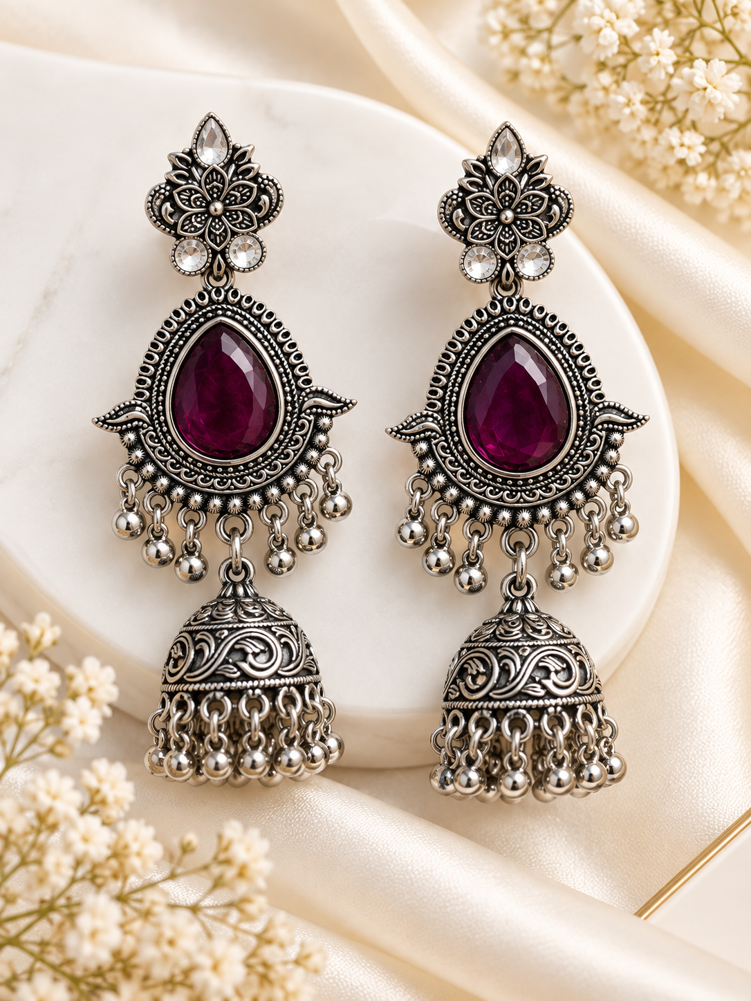Akriti Silver Jhumkas (Purple)