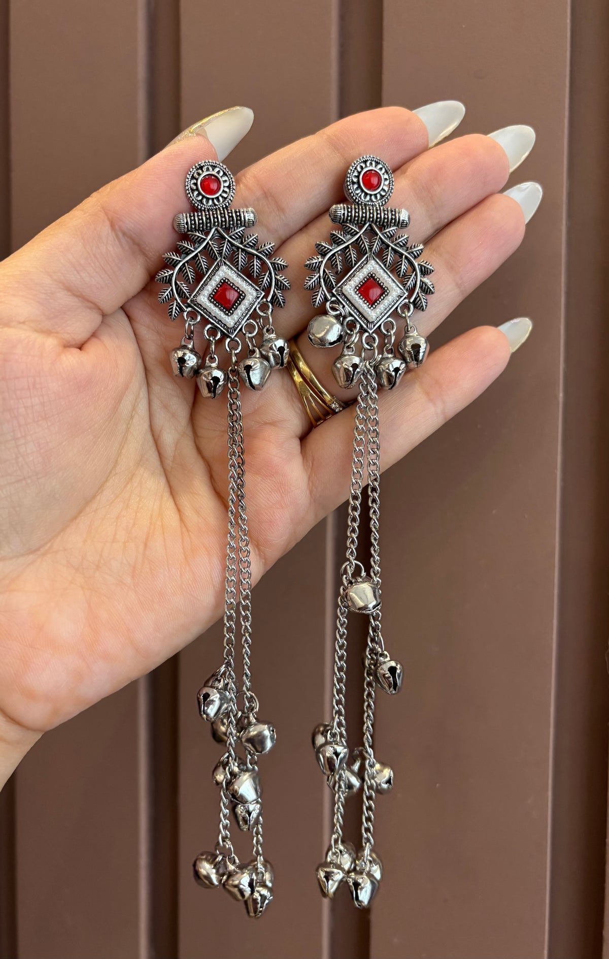 Tripti Silver Ghungroo Earrings (Red)