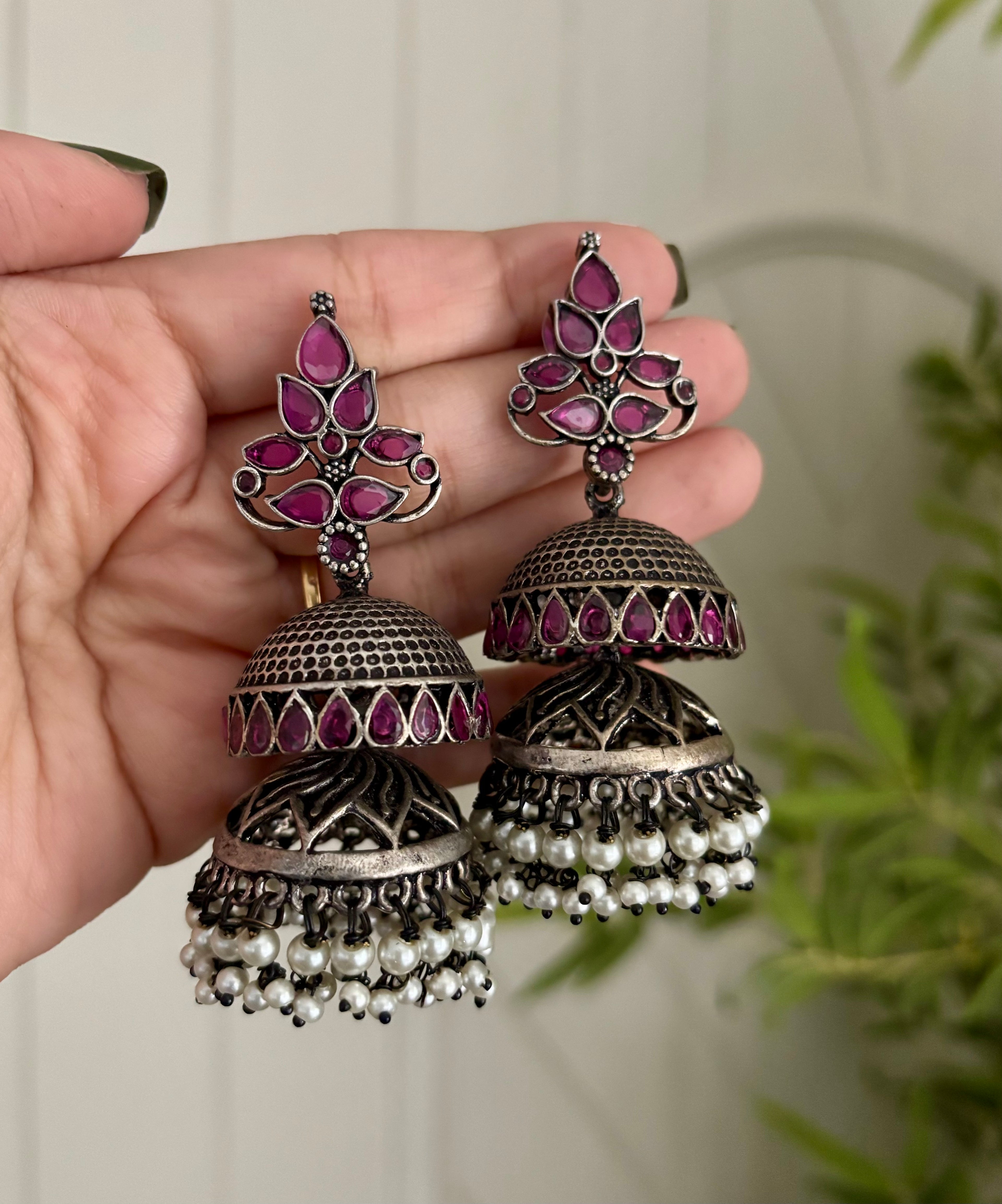 Ruby Silver Touch 2 Layer Jhumkas