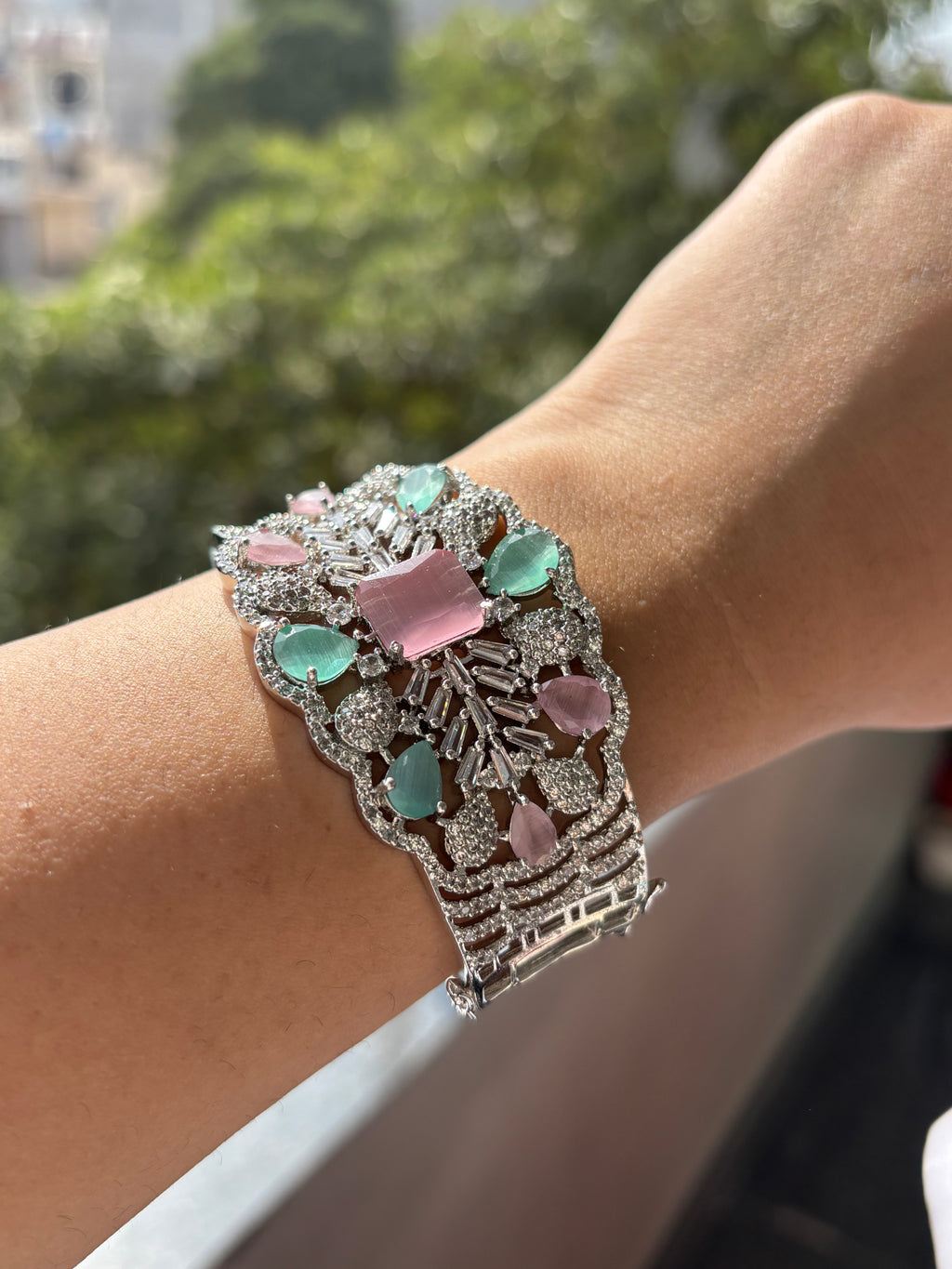 Maria American Diamond Openable Bracelet ( Pink & Turquoise Mix )