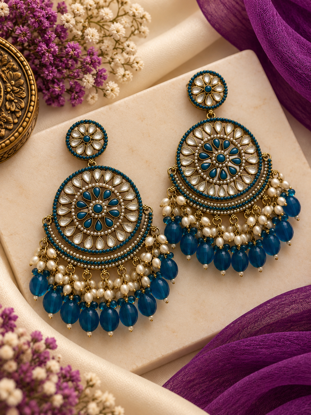 Round Jadau Earrings (Ink Blue)