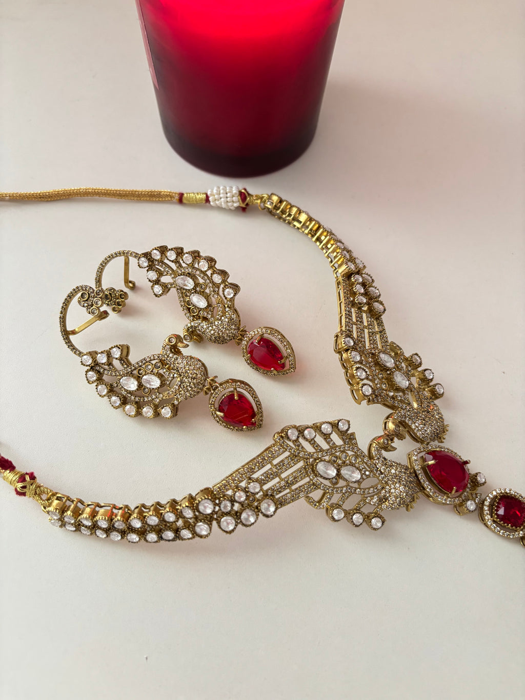 Royal Peacock Designer Statement Premium Doublet Stones Work Necklace With Earcuff (Ruby)