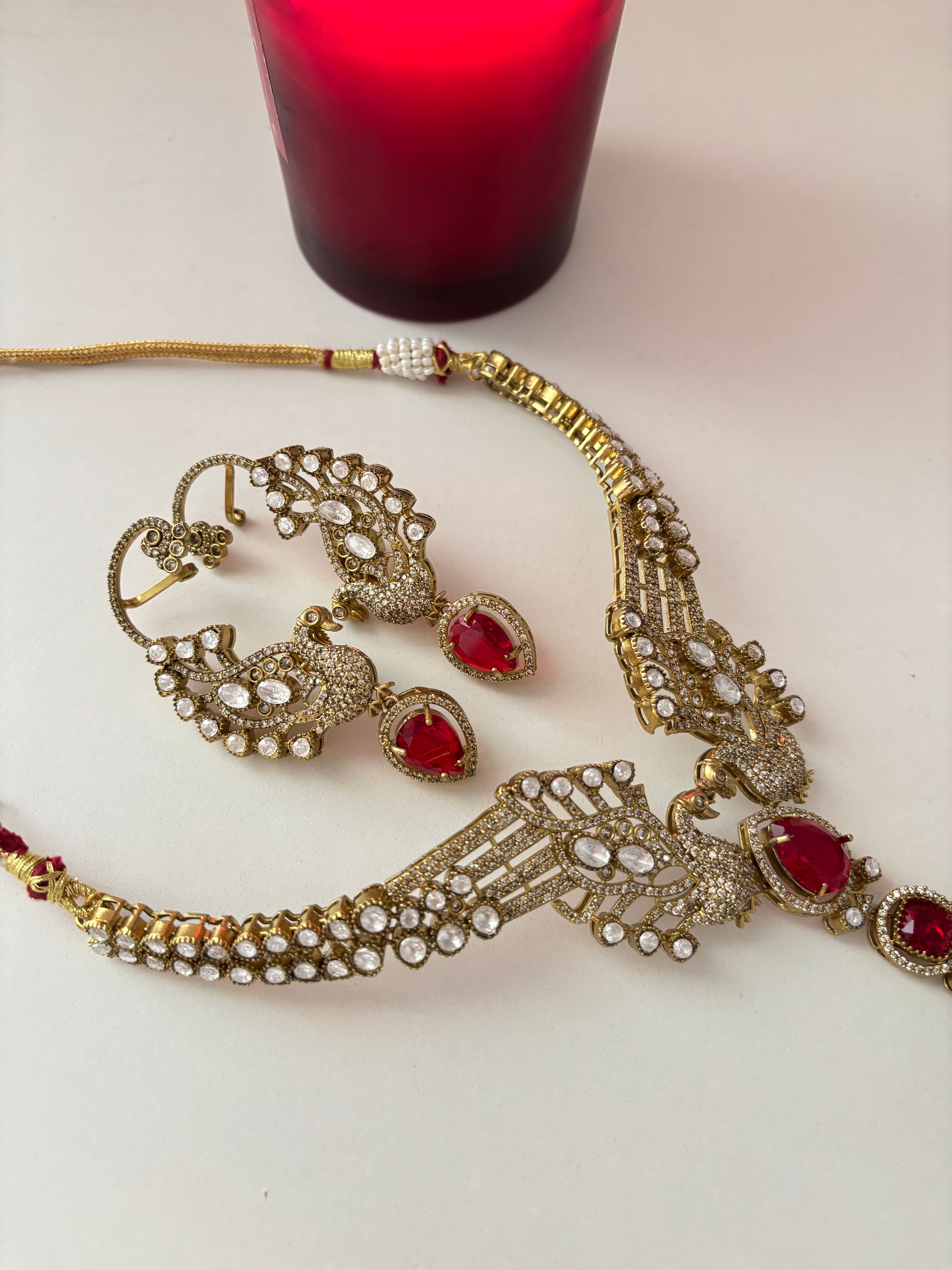 Royal Peacock Designer Statement Premium Doublet Stones Work Necklace With Earcuff (Ruby)