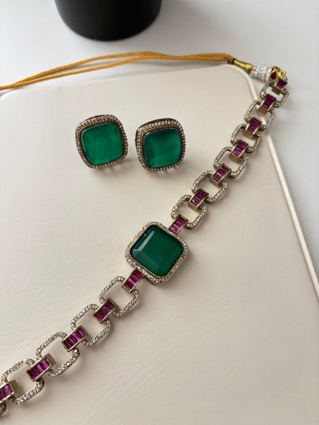 Sabyasachi Inspired Doublet Stone Work Choker With Studs (Green)