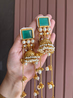 High Quality Designer Tanisha Jhumkas With Long Layers (Turquoise)