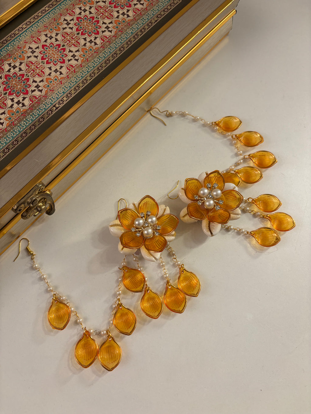 Rose Petal & Mogra Touch Necklace With Mang Tikka & Earrings With Side Layers (Yellow)