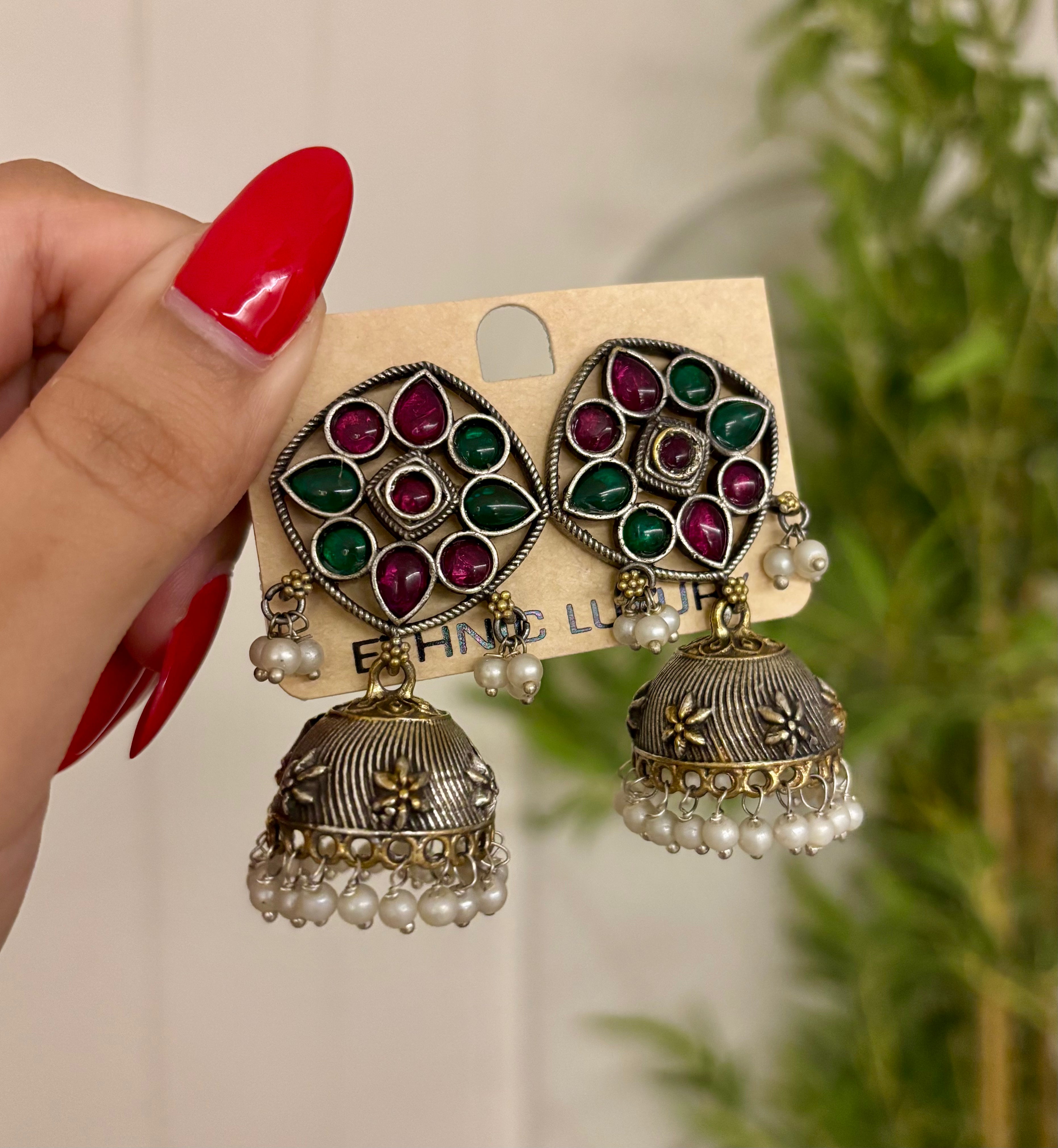 Maroon Green Mix Brass Jhumkas